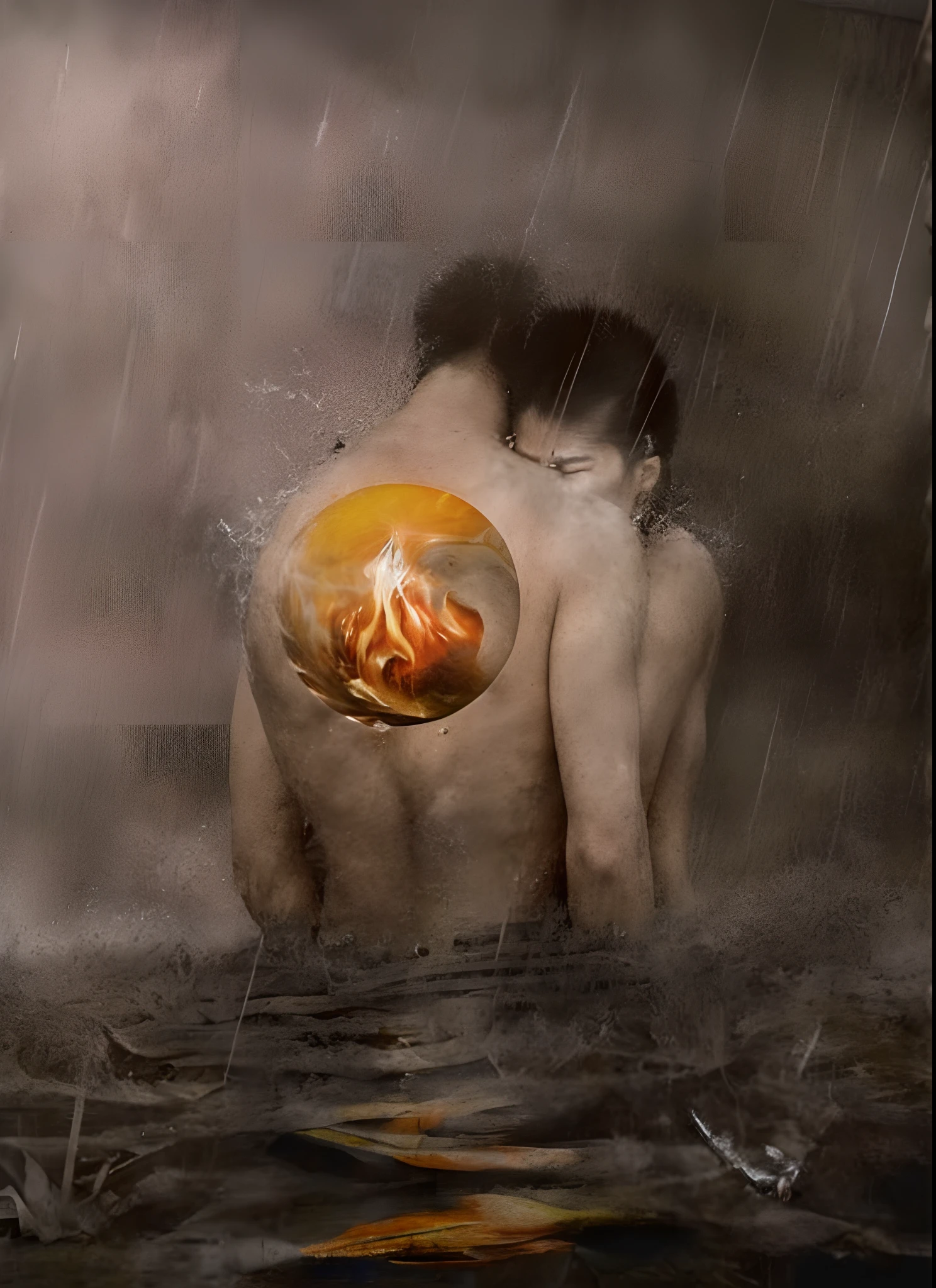In the rain, the person with his back to the picture has a hole in his chest. The person facing him reaches into the hole and holds a ball of fire. Anna Fusili, Nandor Katona, Adrian Henzner... Created by , Wen Zhenheng, and Fukahori Ryusuke, the flames around the body, Raul Martinez, Ni Zan, Wen Boren