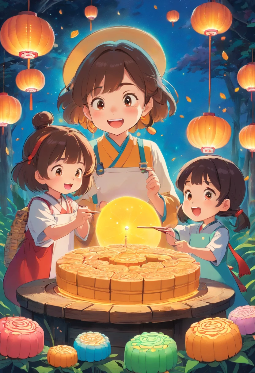 The whole family eats mooncakes together during the Mid-Autumn Festival,Dad and mom laugh with kids,Cartoon picture Normal background, A beautiful artwork illustration, Colorful illustration, colorful kids book illustration, colorful illustrations, archan nair, painting illustration, fairy-tale illustration style, editorial illustration colorful, colorful concept art, dreamlike illustration, Colorful! Character design, Wonderful illustrations, illustrated in whimsical style, Exquisite digital illustration
