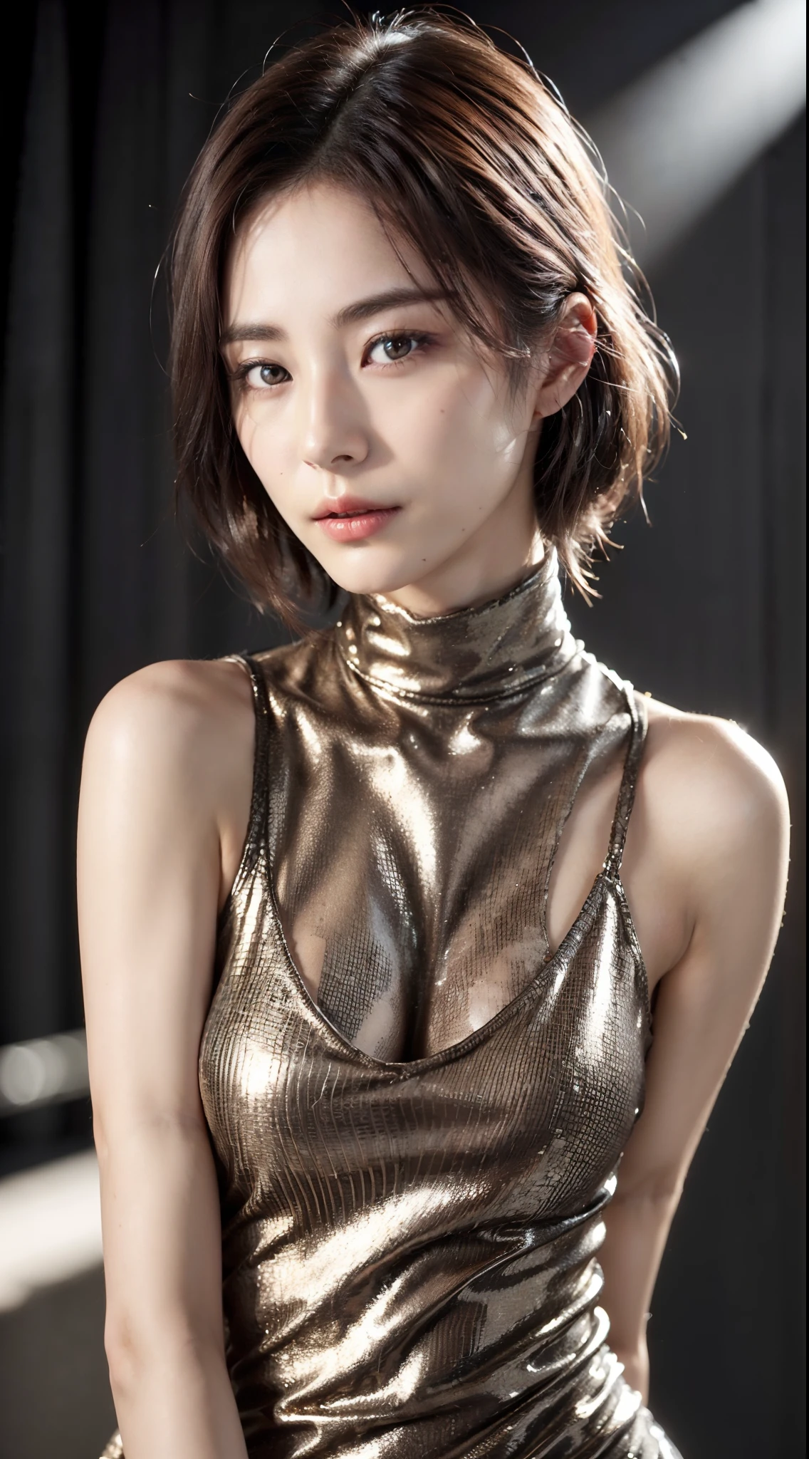 High neck sleeveless silk dress、(Photorealsitic:1.4)、no-bra、erectile nipple、(hyper realisitic:1.4)、(realisitic:1.3)、(Smooth lighting:1.05)、(Improved lighting quality in movies:0.9)、32K、Super beautiful girl 1 person、Tall slender 26 years old、Realistic lighting、Back lighting、Facial light、raytrace、(brightened light:1.2)、(enhanced quality:1.4)、(Top quality real texture skins:1.4)、finely eye、finerly detailed face、Beautiful semi-short brown hair、Fine quality eye、(Tired, sleepy and satisfied:0.0)、 close up of face、(enhance body line mood:1.1)、(Increase the beauty of skin texture:1.1)