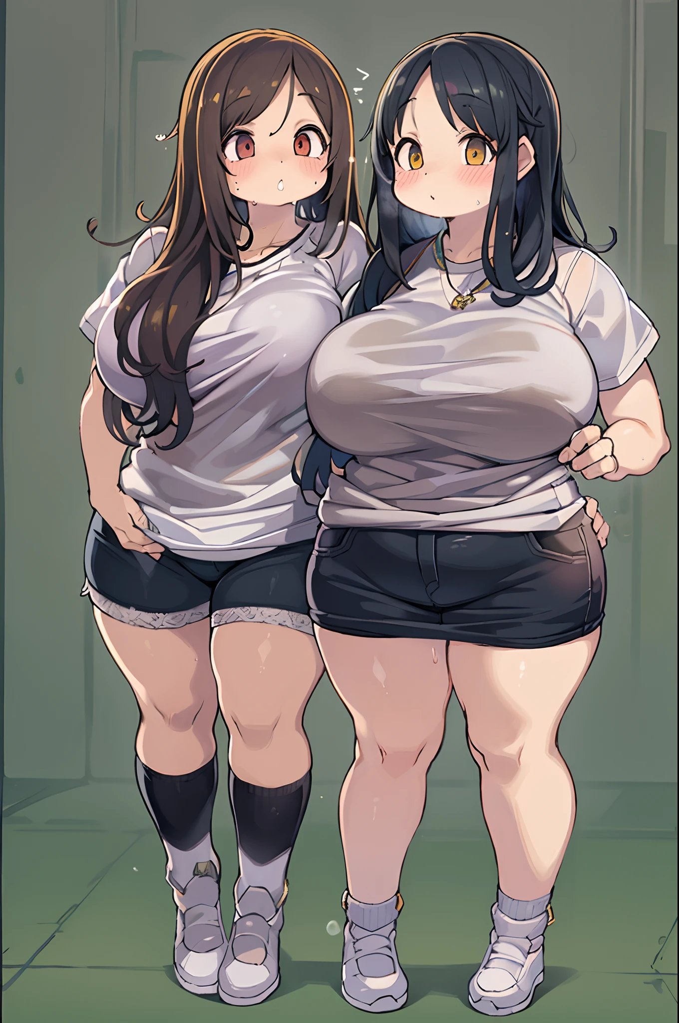 masutepiece, Best Quality, Very detailed couple, 2girls, lesbian,a couple, Black hair, Sunlight, Lifting, tshirts、Women's Fashion、bbw、huge-breasted