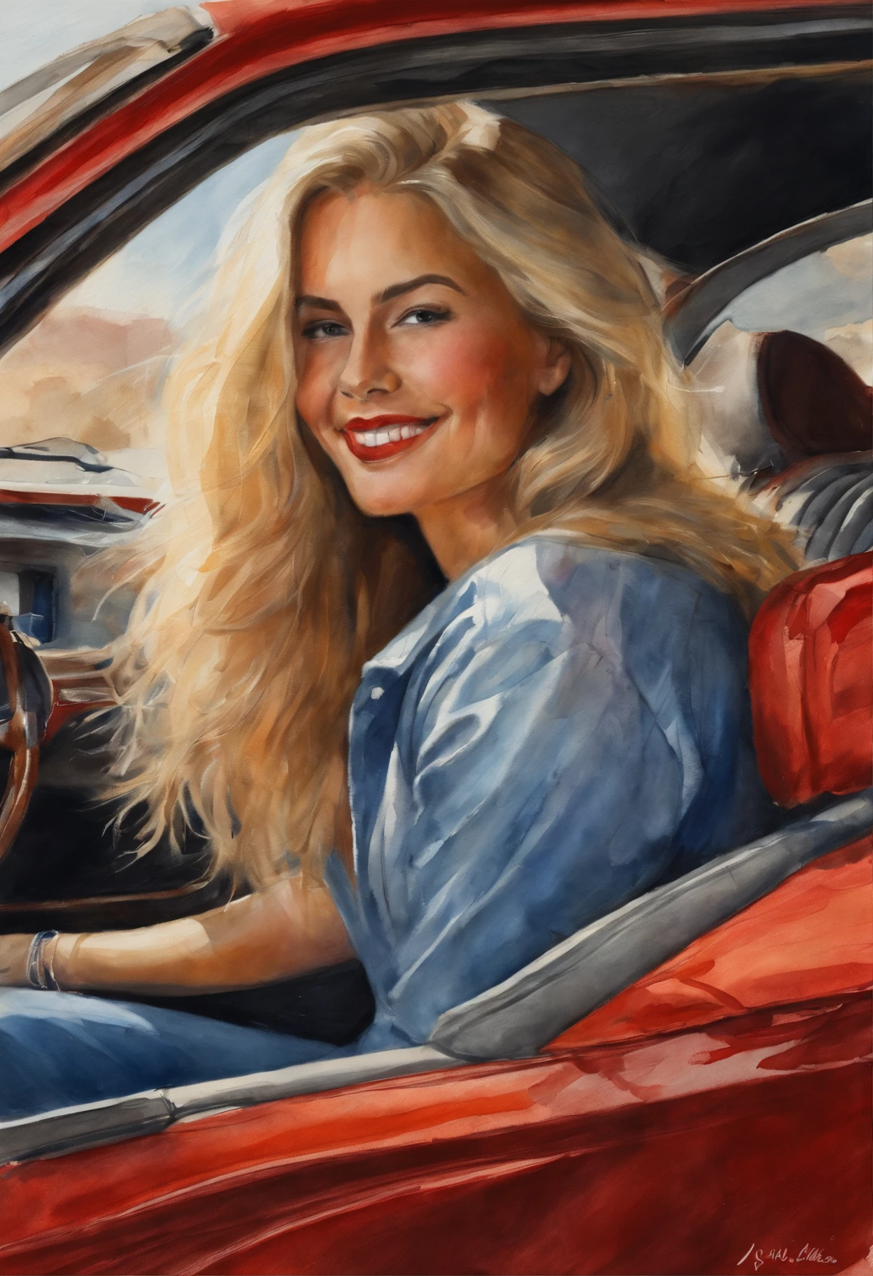 (obra-prima, mejor calidad),1chica joven sensual rubia feliz riendo con cabello claro sentada en un carro lamborghini rojo, la mano debajo de la barbilla, warm lighting, vestida de blue jeans and shirt, primer plano borroso