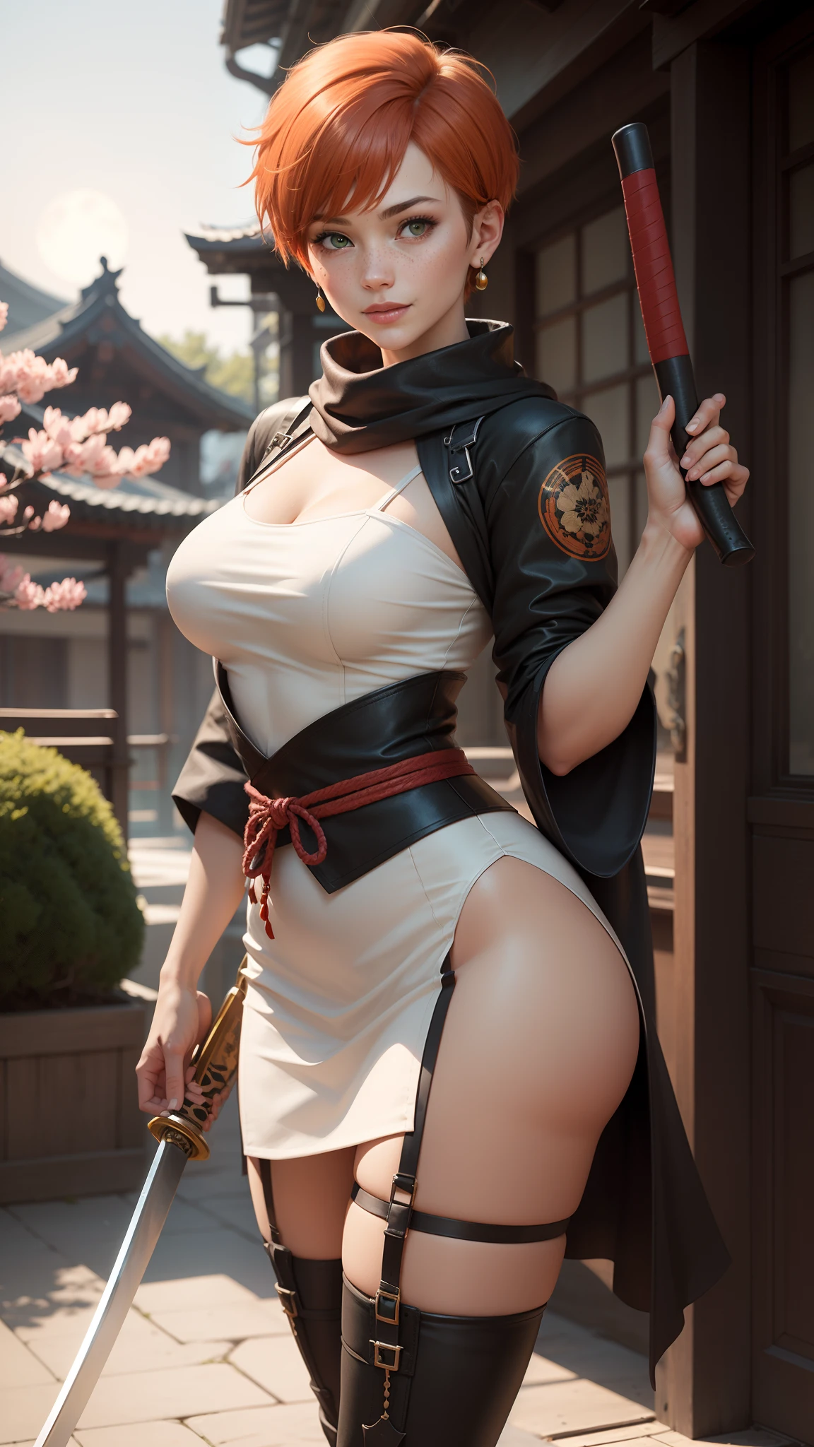 gwen tennyson,tracer,yorha 2b,rebecca chambers,samurai outfit,japan,steel armor,teenager,green eyes,garter belt, thigh high boots,short hair,orange hair,moonlight,cherry blossom,shy smile,white striped top,bodycon skirt, kimono,freckles,redhead,beautiful girl,large breasts,ultra detailed,realistic, long ninja scarf,silver earrings,holding a katana,