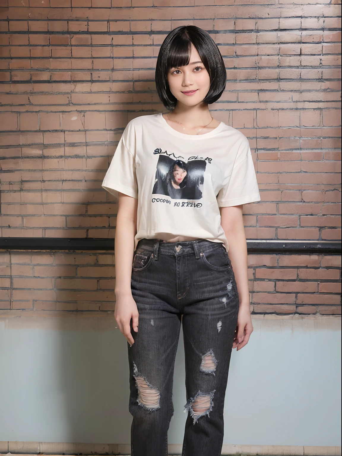 (Black Shorthair:1.5), (bob cuts), (a 20 yo woman), (A hyper-realistic), (Masterpiece), (8KUHD), ((Full body)), Smiling, Slender waist, Wearing jeans, ((large t-shirts)), large full breasts, Wearing long pants, Brick Wall, Graffiti on the wall