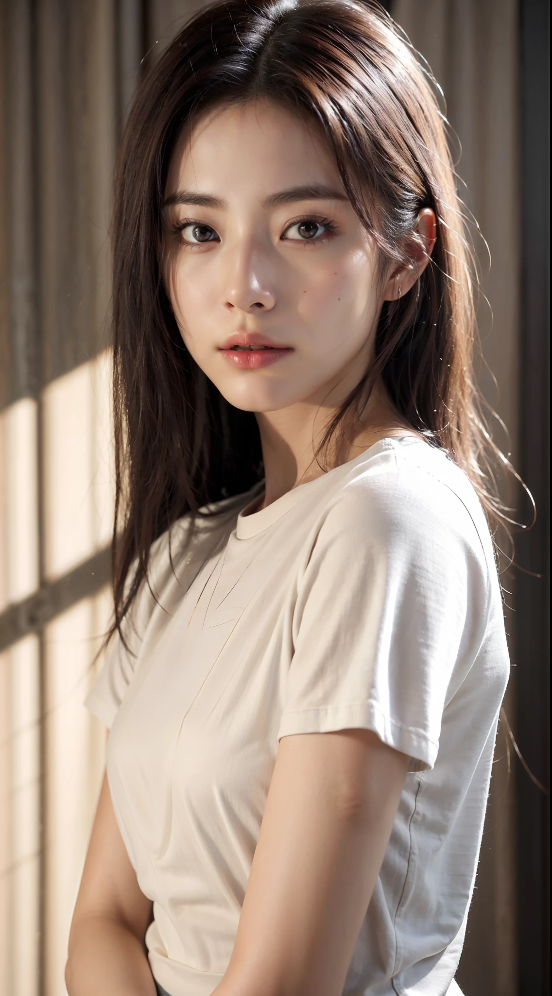 doress、(Photorealsitic:1.4)、(hyper realisitic:1.4)、(realisitic:1.3)、(Smooth lighting:1.05)、(Improved lighting quality in movies:0.9)、32K、1 girl in、20 years girl、Beautiful brown long hair、Realistic lighting、back lighting、Facial light、raytrace、(brightened light:1.2)、(enhanced quality:1.4)、(Top quality real texture skins:1.4)、finely eye、finerly detailed face、Fine quality eye、(Tired, sleepy and satisfied:0.0)、 close up of face、tshirts、(enhance body line mood:1.1)、(Increase the beauty of skin texture:1.1)