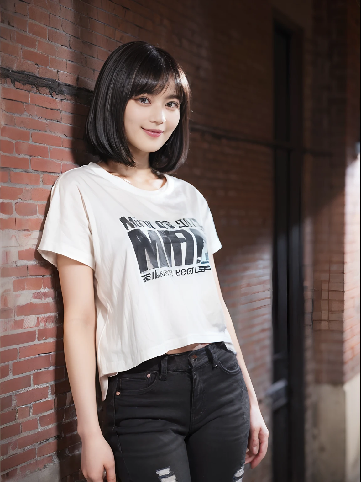 (Black Shorthair:1.5), (bob cuts), (a 20 yo woman), (A hyper-realistic), (Masterpiece), (8KUHD), ((Full body)), Smiling, Slender waist, Wearing jeans, ((large t-shirts)), large full breasts, Wearing long pants, Brick Wall, Graffiti on the wall