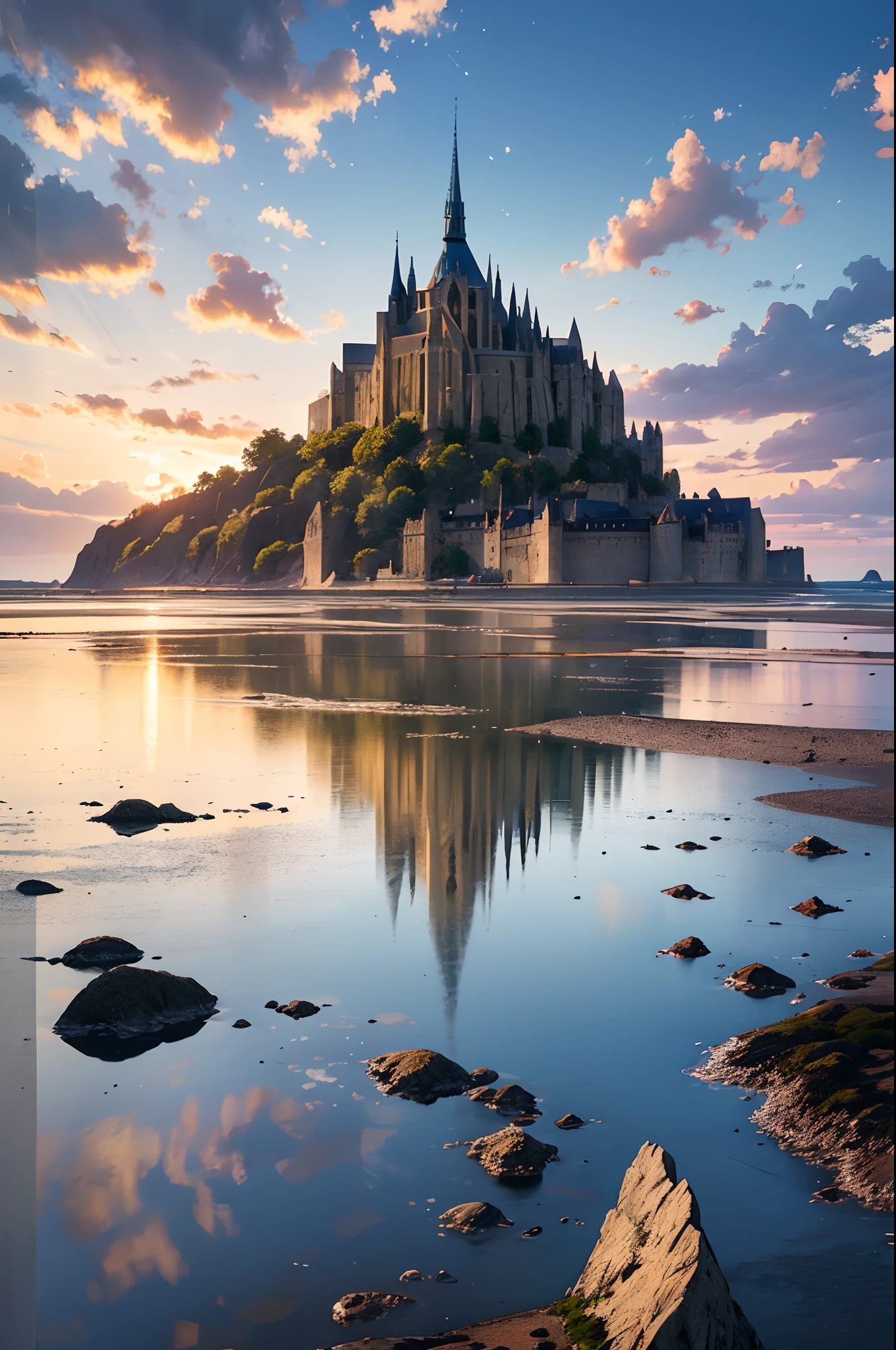 Mont Saint-Michel, A castle-like cathedral towering on a small island in the Bay of Saint-Malo on the west coast of France, World Heritage Site, skyporn, Clouds, Magic Hour, Movie Scene, masutepiece: 1.3, Best Quality, High quality , Highly detailed CG Unity 8k wallpaper, perfect reflections, stunning water surfaces, plein air, No humans, Visual paradox, Breathtaking, Detail Enhancement, Detail Enhancement, Break through perfection. awardwinning photo, Bokeh, depth of fields, nffsw, bloom, chromatic abberation, Photorealism, Highly detailed, Intricately detailed, Dramatic, grateful
