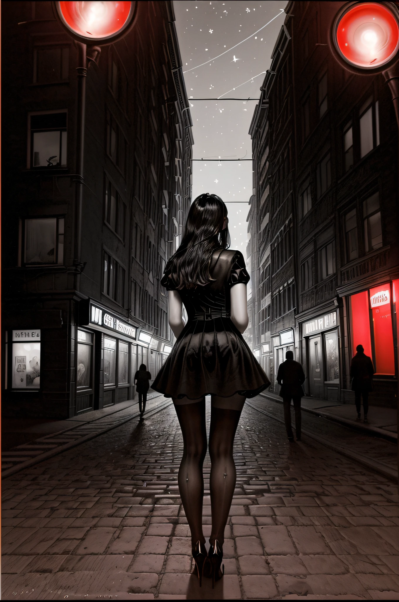 an award winning picture, black&white film , photorealistic, picture (best detailed: 1.5), of the red windows of Amsterdam, (best detailed: 1.5) picture in (black and white:1.5), a picture of a street on the river, you see the length of the street, the buildings from its start on the street are one or two stories high, its night time, model715(red lights:1.5) coming from all the windows of the buildings, the other side of the street is the a (river: 1.3), there is a  woman, (standing with her back to the camera: 1.2), beautiful woman in (black and white:1.5) dynamic hair, ultra feminine, she is wearing pantyhose, short skirt, and wearing high heels, the picture is a from street's floor, you see the street to the left, there are the buildings and the (model715 red light: 1.3) coming from them, and from the right side there is the  (river:1.4), the woman is standing in the street, her back is to the camera, (best detailed face: 1.5), its night time, there is moon light and stars, ultra best realistic, best details, best quality, 16k, (ultra detailed: 1.5), masterpiece, best quality, (extremely detailed), ultra wide shot, photorealism, depth of field, hyper realistic