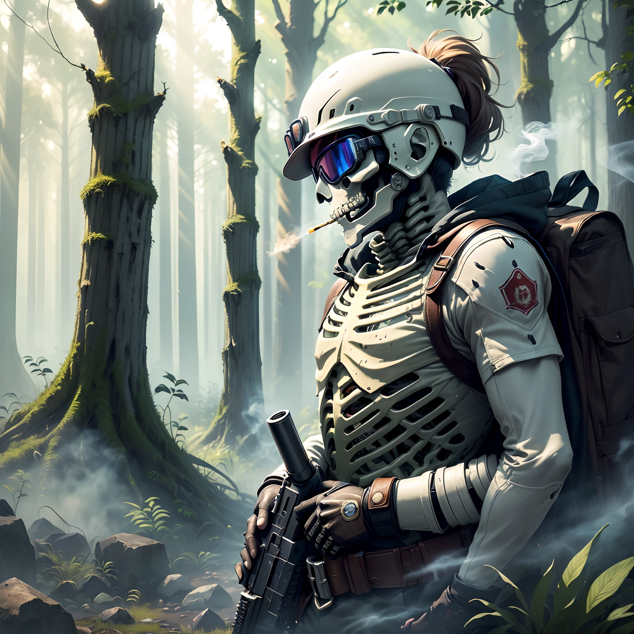 (Best quality,9K,A high resolution,Works of masters:1.2)，Photorealsitic，ln the forest，rays of moonlight,modern warfare，Heavily armed skeleton soldiers，Smoking a cigarette，Have a gun，Protective goggles