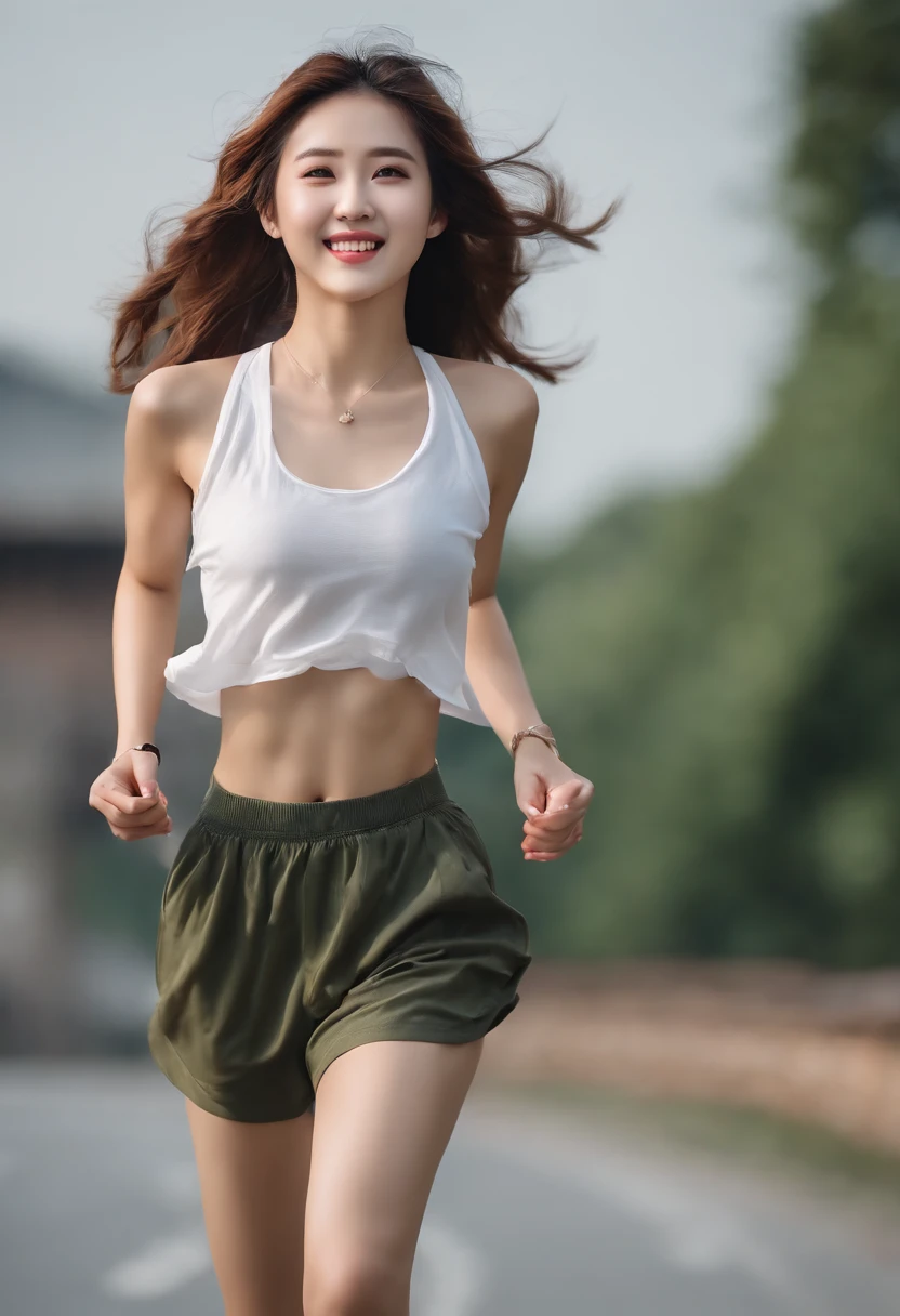 Beautuful Women、8K、Double eyelids、Beautiful fece、Detailed facial modeling、Asians、A smile、No bangs、Sexy clothes、beautiful quality、masterpiece、hight resolution、Realistic、The whole body is shown、Beauty of the world、Cute smile、teeth showing、Cool Girl、High school students、club、Running Wear、Healthy figure、Thin abs、younggirl、Running、Hair is short、