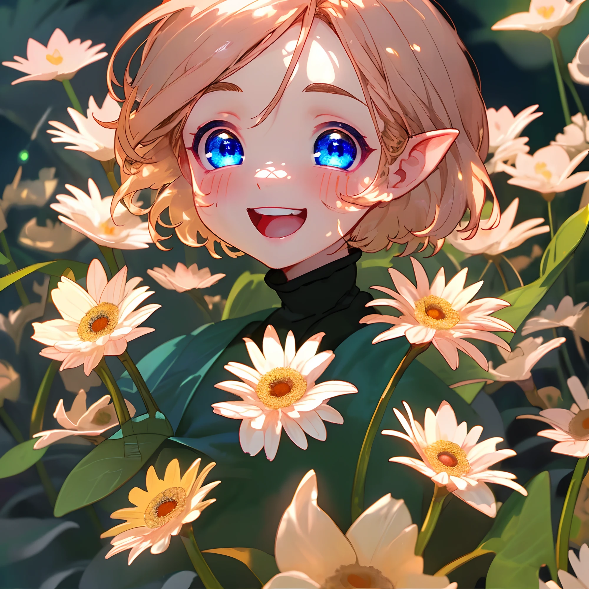 elvish、1 person、(highly detailed back ground:1.0)、(highly detailed back ground:1.0)、top-quality、超A high resolution、8K、From shoulder up、short-hair、frombelow、looking in camera、(1/2 and 1 pale pink/2 golden hair)、BREAK、Detailed skin、glowy skin、(Detailed eyes、Blue eyes)、Burning cheeks、(Laughing:1.1)、Daytime、(daisy:0.9)