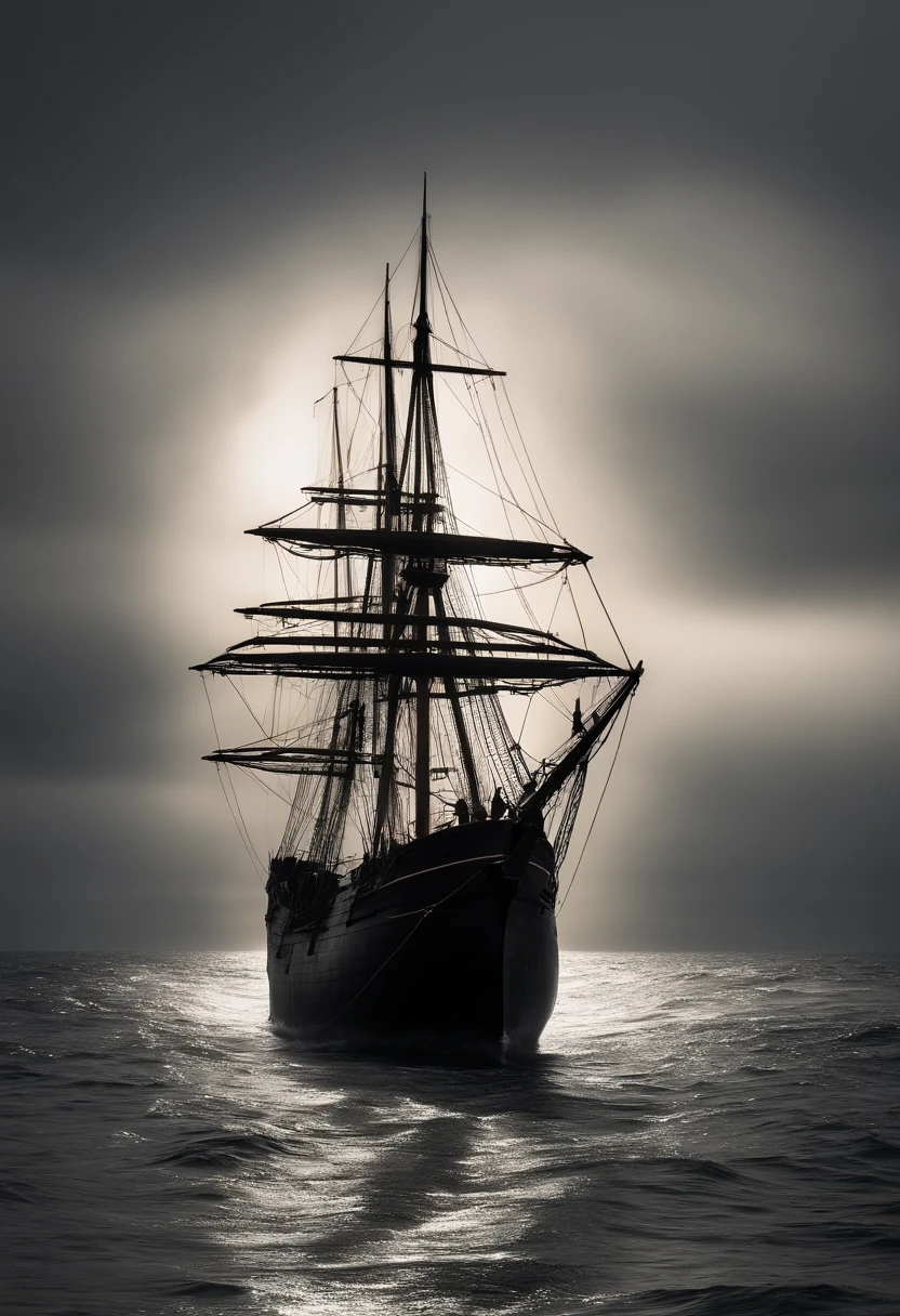 Amidst the mysterious and haunting mist of the Atlantic Ocean, the iconic silhouette of the 'Mary Celeste' emerges, bathed in an eerie, ethereal glow. The deserted ship floats gracefully on the tranquil waters, a stark contrast to the desolation that surrounds it. The ship's timeworn wooden deck creaks softly as if whispering the secrets of its enigmatic voyage. The wind gently rustles the sails, adding an eerie, haunting quality to the scene. The cargo hold, filled with barrels of untouched alcohol, stands as a testament to the enigma that shrouds this vessel. Create an image that captures the haunting beauty and unsolved mystery of the 'Mary Celeste' in vivid, ultra-realistic detail, as if frozen in time.