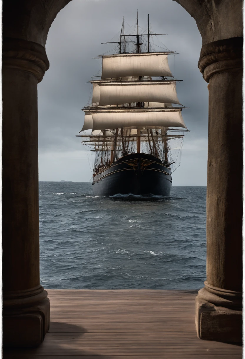 Amidst the mysterious and haunting mist of the Atlantic Ocean, the iconic silhouette of the 'Mary Celeste' emerges, bathed in an eerie, ethereal glow. The deserted ship floats gracefully on the tranquil waters, a stark contrast to the desolation that surrounds it. The ship's timeworn wooden deck creaks softly as if whispering the secrets of its enigmatic voyage. The wind gently rustles the sails, adding an eerie, haunting quality to the scene. The cargo hold, filled with barrels of untouched alcohol, stands as a testament to the enigma that shrouds this vessel. Create an image that captures the haunting beauty and unsolved mystery of the 'Mary Celeste' in vivid, ultra-realistic detail, as if frozen in time.