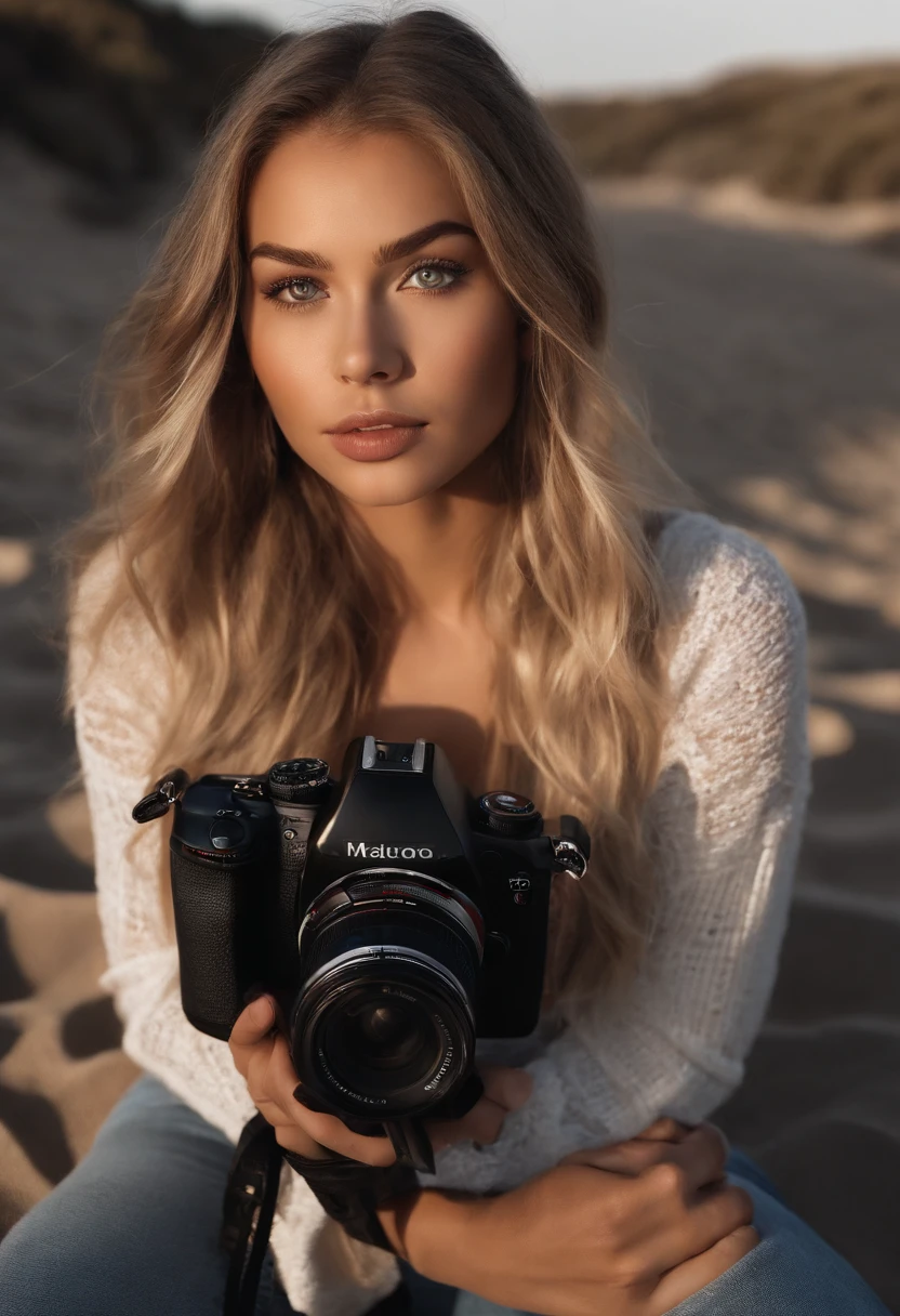 Arafed woman completely , fille sexy aux yeux bleus, ultra realist, Meticulously detailed, Portrait Sophie Mudd, cheveux blonds et grands yeux, selfie of a young woman, Yeux de chambre, Violet Myers, sans maquillage, maquillage naturel, looking straight at camera, Visage avec Artgram, Maquillage subtil, Superbe photo du corps entier,Medium to large bust, sitting at the beach, at the beach, maillot de bain,