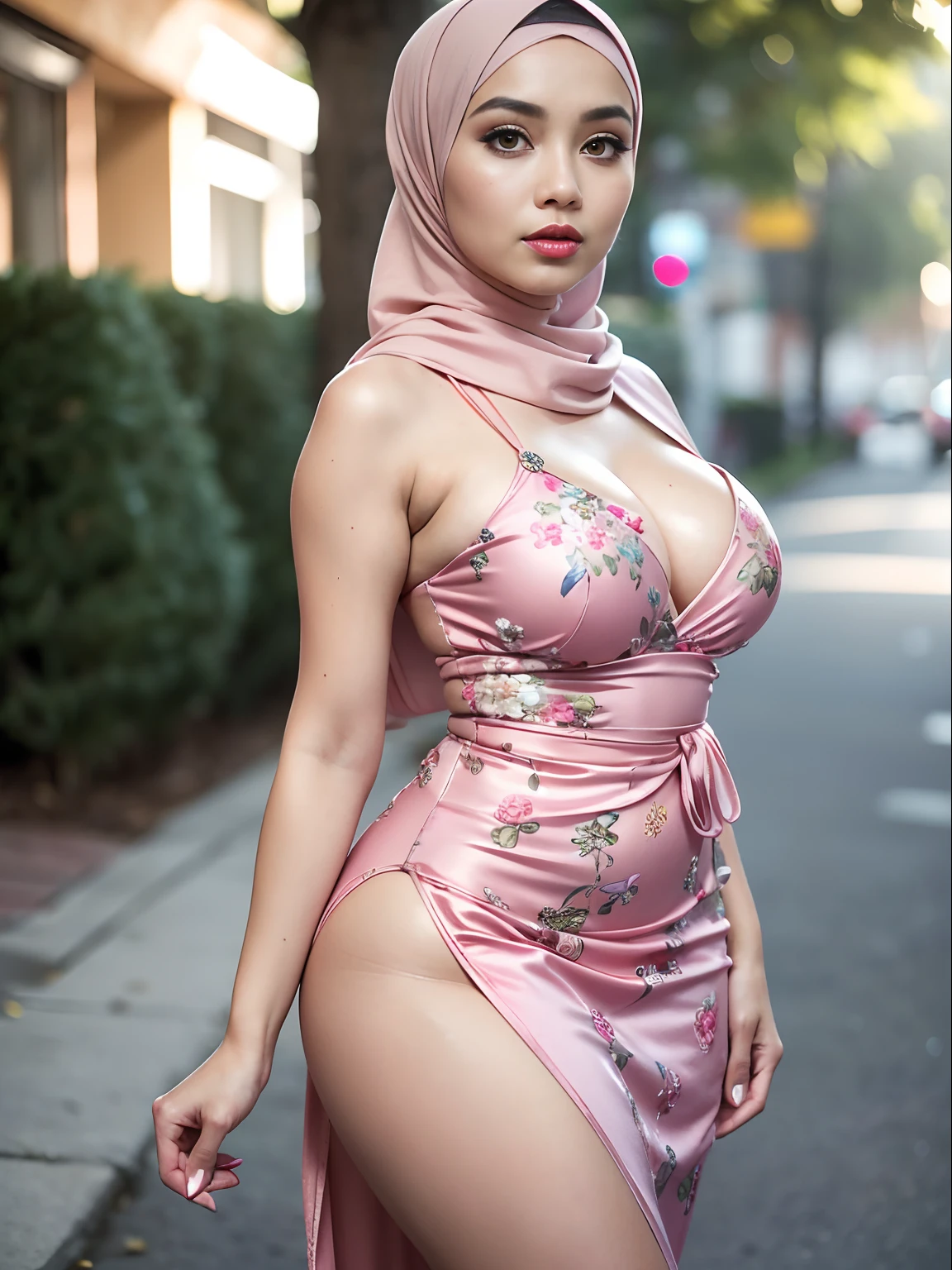 RAW, Best quality, high resolution, work: 1.3), beautiful Malay woman wearing a tight silk Malay gamis with pastel floral patterns in hijab, ,big breasts, (masterpiece, perfect slim body,(absurdres:1.3), walking (skin detail: 1.3 , facial details:1.3), looking towards the viewer, sharp focus, smooth, (Malay beauty:1.3), (mature woman:1.2), (large breasts:1.4, thick thighs:1.2, narrow:1.1), light smile, ( big_eyes:1.2, brown_eyes), red_eyeshadow, pink lips, looking at the viewer, street, (bokeh ),(sunlight o