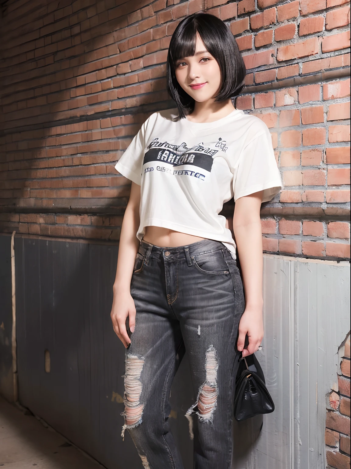 (Black Shorthair:1.5), (bob cuts), (a 20 yo woman), (A hyper-realistic), (Masterpiece), (8KUHD), ((Full body)), Smiling, Slender waist, Wearing jeans, ((large t-shirts)), large full breasts, Wearing long pants, Brick Wall, Graffiti on the wall