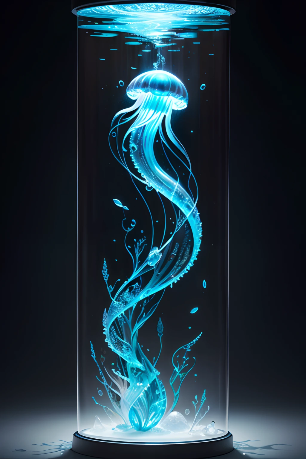 fused jellyfish and frozen and glass and mermaid, intricate under water world with deep depth, intricate detailed texture, extremely delicate detailed, envision a vibrant and detailed rendering, crisp clarity that is unmatched, impeccable quality, highest quality, highly quality, best quality, every detail captured vivid glow, ice beauty resolution, showcasing the artist's mastery of various techniques and styles. hyperreal, tachism, insane details, photo realistic, detailed painting,