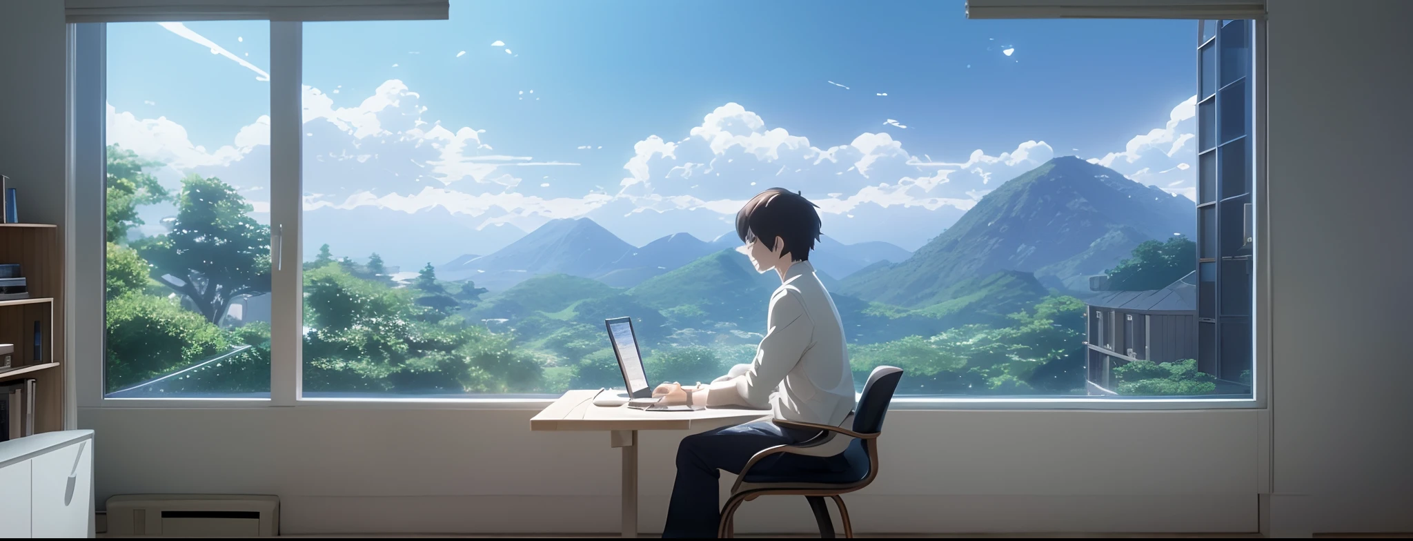 (tmasterpiece,best qualtiy), intricately details, 8K, art stations, the wallpaper, offcial art, splashart, tack sharp focus,Anime scene of a man typing on a computer in a room, ( ( Makoto Shinkai ) ), screenshot from the anime film, anime movie scene, anime movie screenshot, in the style of makoto shinkai, Makoto Shinkai!!, Shinkai sincerely, Makoto Shinkai!, incredible anime movie scene