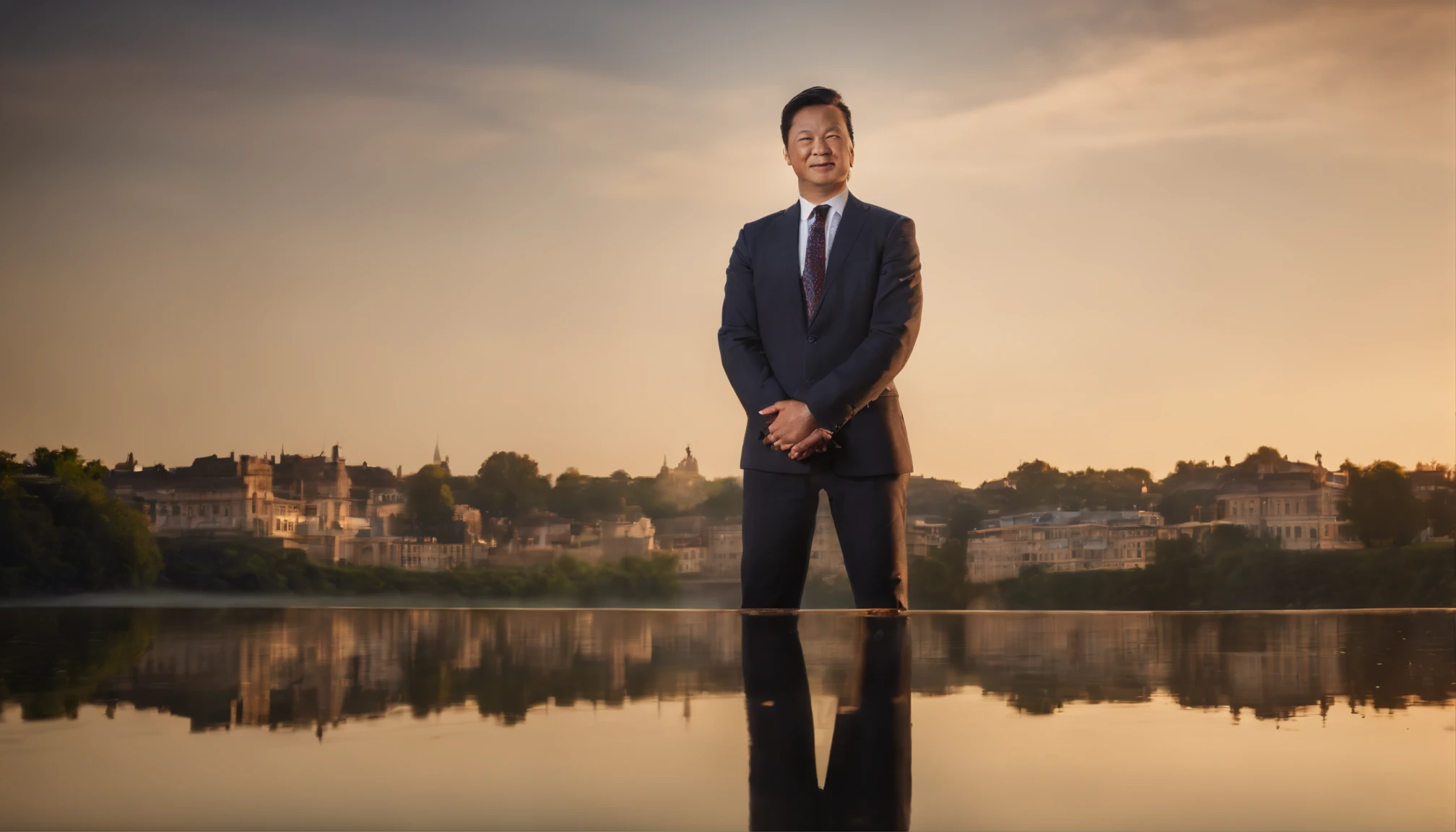 Asiian Politician, a smile, Looking directly at the lens, at centre, Very bright colors, light Particle, with light glowing, Mushiv,  Standing with one leg raised high, Shameful, puddle,Water Reflection,rain,floating water drop, hydrangea, school uniform
