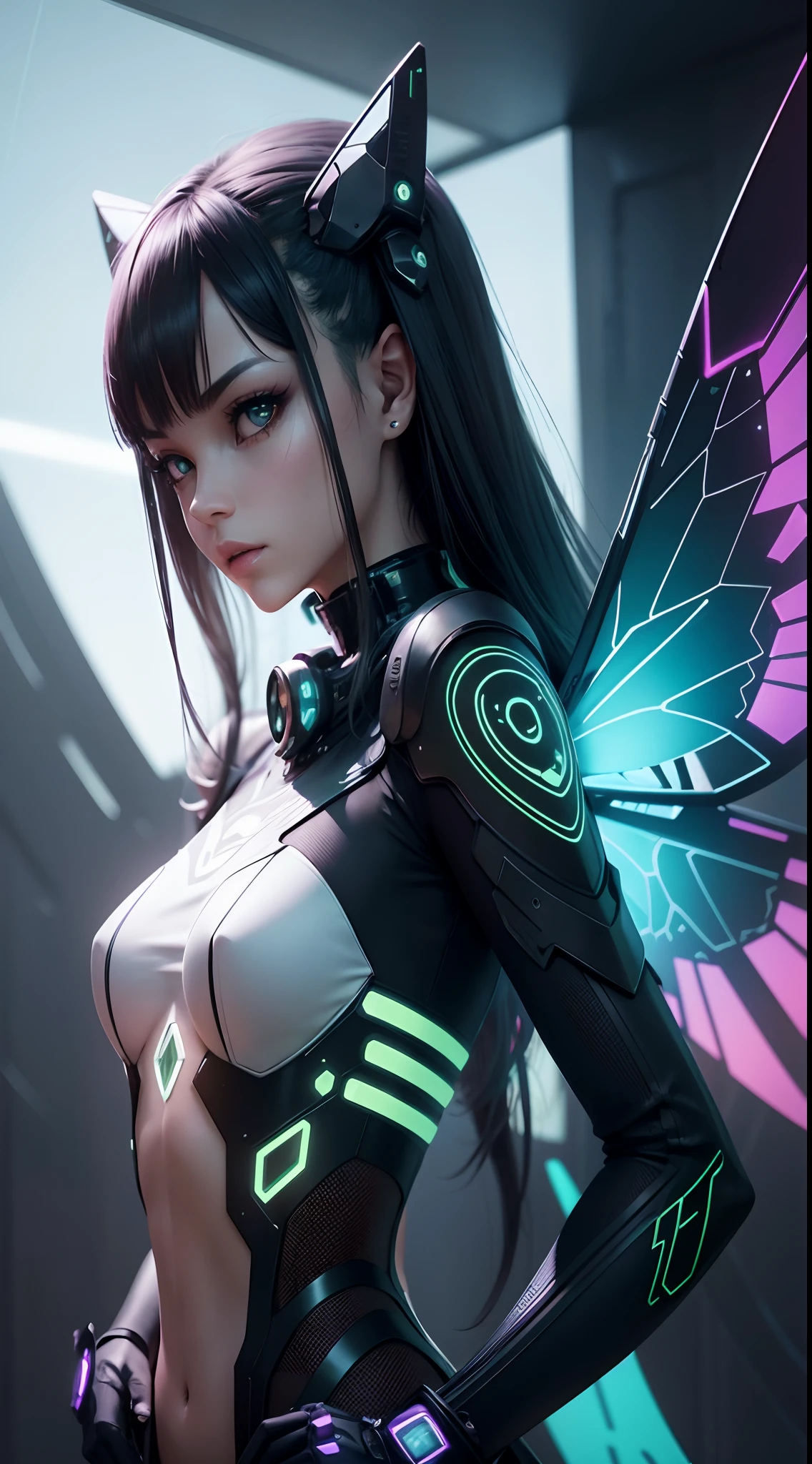 Generate a cyberpunk-inspired dragonfly with its wings spread out in the shape of an X, viewed from a top-down perspective. The dragonfly should have sleek, metallic body with neon accents and intricate circuit-like patterns running along its wings. The wings should emit a soft, eerie glow, casting dynamic, colorful reflections on the transparent background. The dragonfly should exude a futuristic, high-tech vibe, blending the aesthetics of nature and cybernetics seamlessly. Ensure attention to detail in the design, making it a captivating and visually striking image.