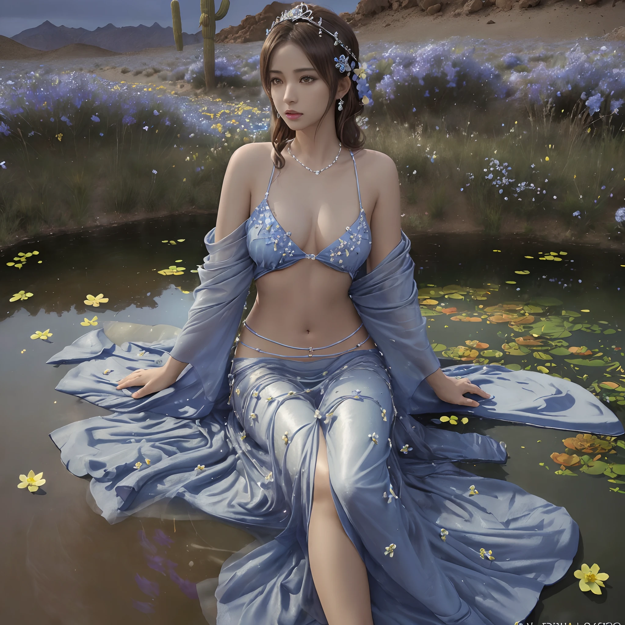 (((nffsw))), (((masutepiece))), (((8K))), (((hight resolution))), (((Photorealistic))), (((Cinematic lighting))), god rays, Zoom Layer, (((FULL BODYSHOT))), F/4.0, canon, Shiny skin,Detailed skin,Detailed face, Detailed eyes, nakeness, Bare chest, No top, Goddess of the Desert Oasis, Blue moon flowers blooming in the desert at night, Olive Tiara, sandal, Surrounded by desert, Flowers bloom around a small pond, Healing effect that glitters from the pond