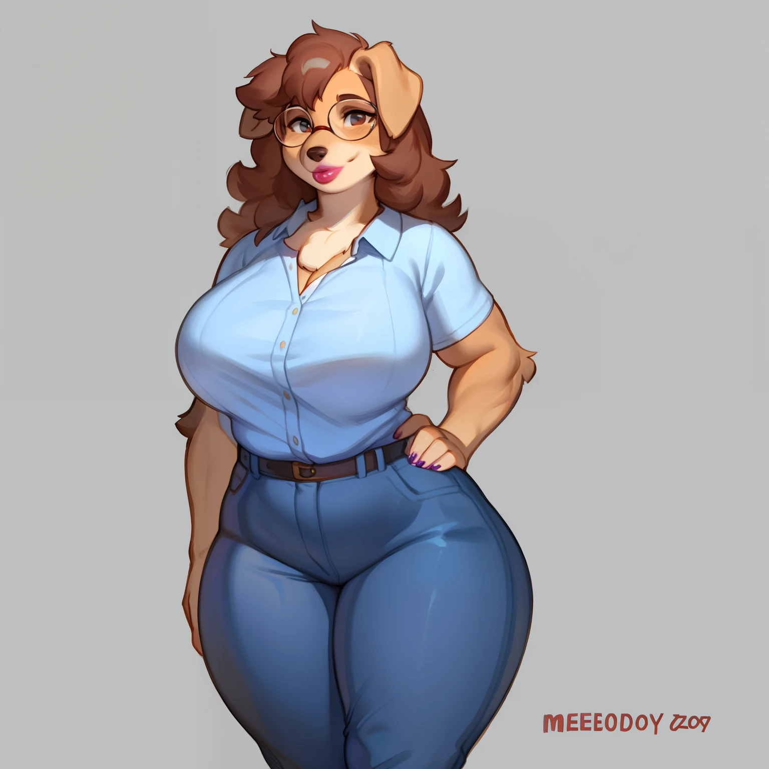 By chelodoy, by zaush, by bebebebebe, by spuydjeks, by meesh, by bigcozyorca, solo, plump, slightly muscular, mature body, thick thighs, wide hips, big breasts, wavy medium hair, lips, lipstick, lip gloss, shiny lips, smiling warmly, kind face, mom, milf, mother, mature female, blouse, tight jeans, standing, glasses, canine, brown fur, Labrador