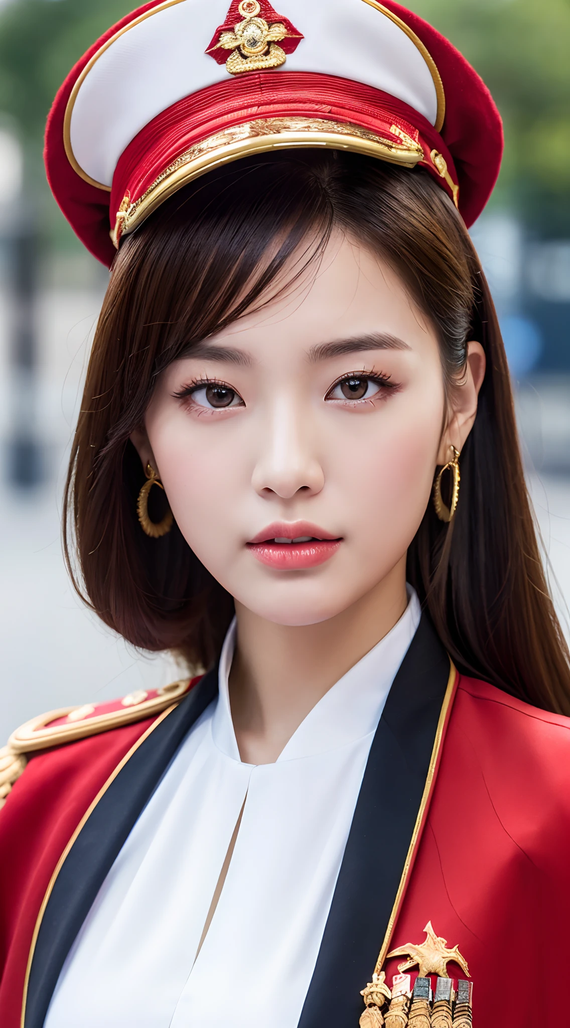 ((Realistic lighting, Masterpiece: 1.3)), (raw photo:1.2), Hyperrealist portrait Beautiful Chinese girl, 20 years old, ((skin white: 1.6)), beautiful eyes, very detailed eyes and face, (full real formal crimson red military uniform), (military short), (military cap), ((high rank)), military cape, charming cute face, natural makeup: 1.2, (military saluted), chignon, Best quality, 8K, professional photography, (full body view), military parade background