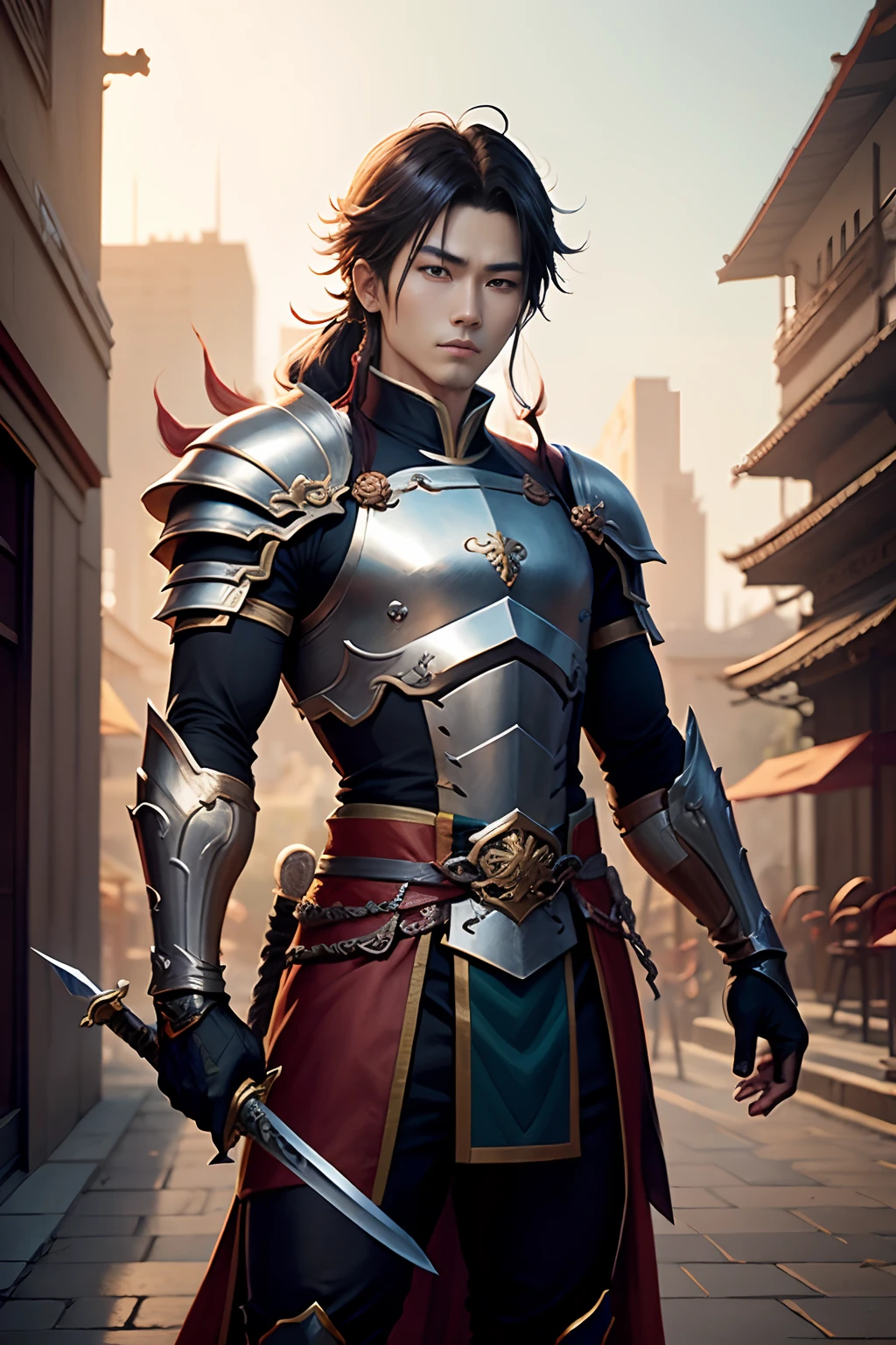 Anime character with sword and armor in city setting, by Yang J, handsome guy in demon slayer art, G Liulian art style, chengwei pan on artstation, yangjun chen, Zhao Yun, Inspired by Zhang Senyao, by Leng Mei, by Victor Wang, xianxia hero, by Zhou Fang, by Yang Jin