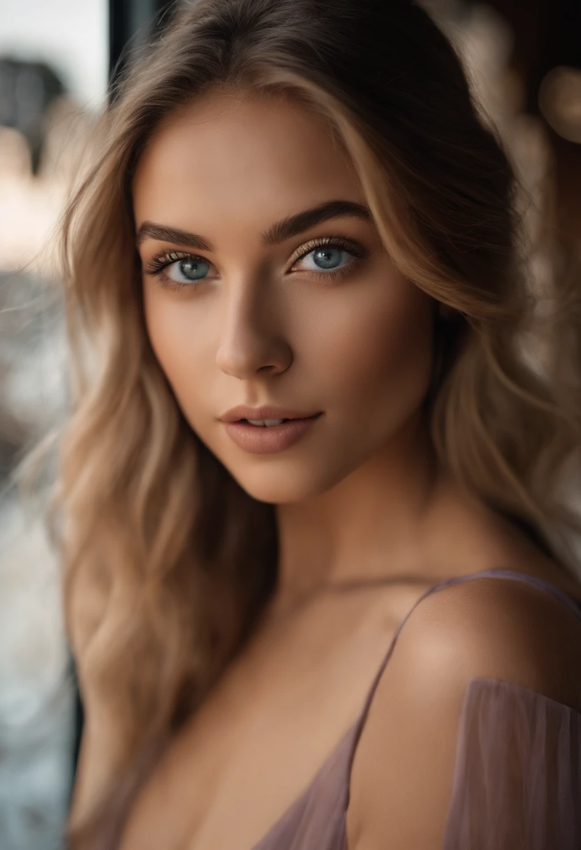 Arafed woman completely , fille sexy aux yeux bleus, ultra realist, Meticulously detailed, Portrait Sophie Mudd, cheveux blonds et grands yeux, selfie of a young woman, Yeux de chambre, Violet Myers, sans maquillage, maquillage naturel, looking straight at camera, Visage avec Artgram, Maquillage subtil, Superbe photo du corps entier,Medium to large bust, sitting at the beach, dans un cafe a paris , maillot de bain,