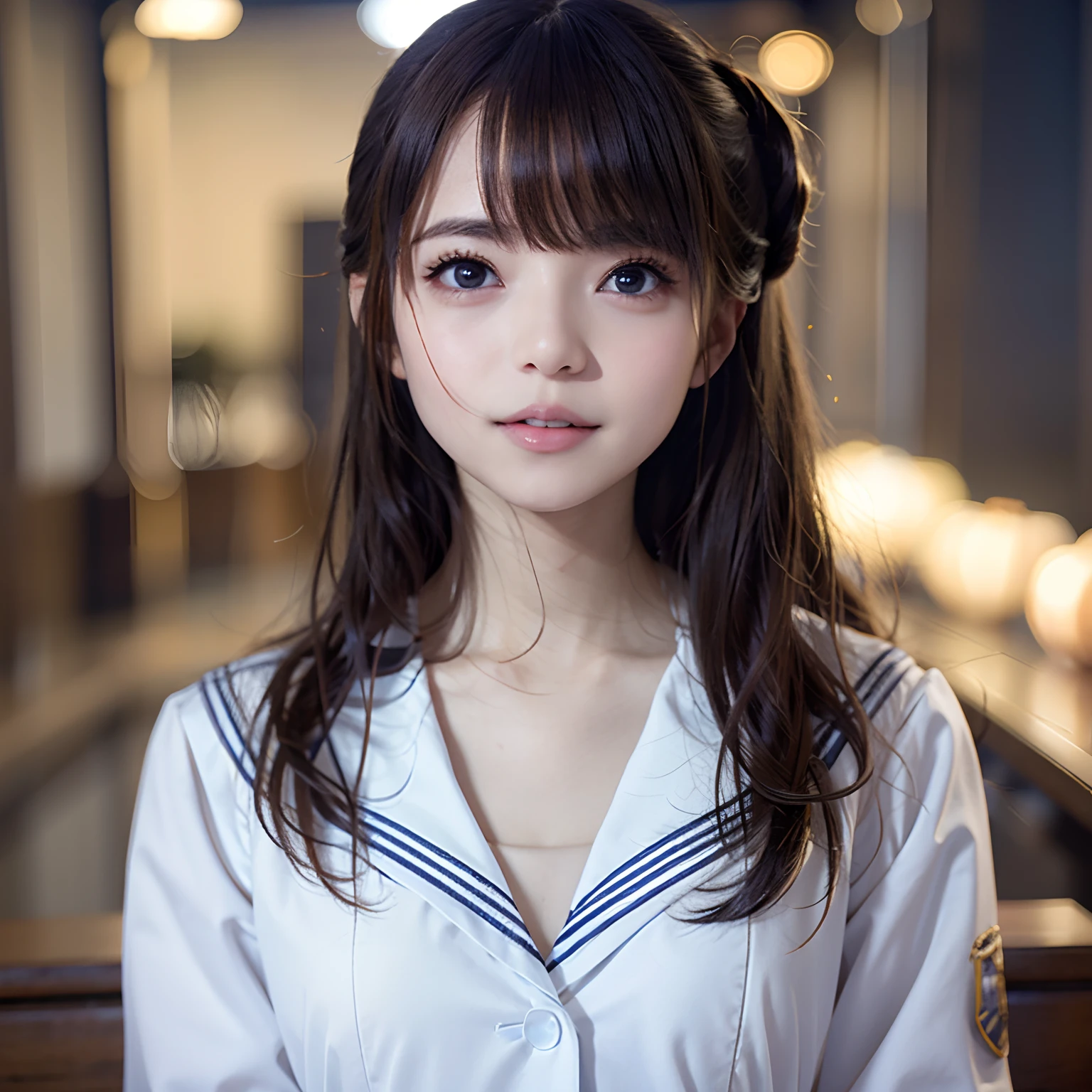NSFW, 8k RAW photo, ((Sailor School Uniform))top-quality, masterpiece,kawaii faces、dual、 full bodyesbian、poseing、Cute smile、超A high resolution, film grains, filmg, 1girl in, looking at the viewers, natural skin textures, realistic eyes and face details, Perfect tooth alignment、Perfect eyes and perfect mouth、 bangss、Halloween Style、cparted lips, s lips,