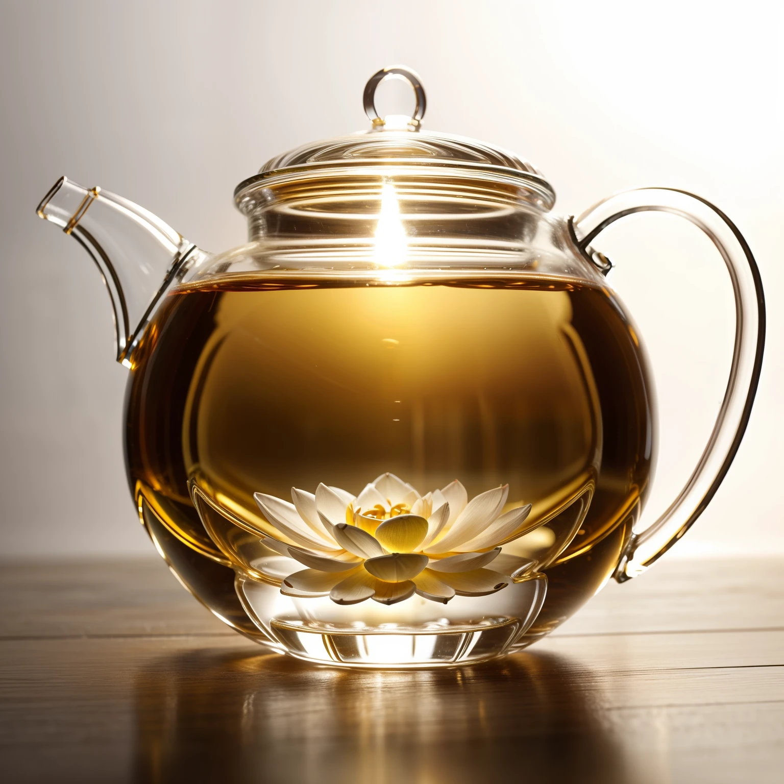 There is a lotus flower in a transparent glass teapot，Golden liquid，cleanness，White background，Simple composition