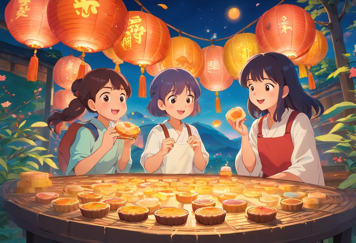 The whole family eats mooncakes together during the Mid-Autumn Festival,Dad and mom laugh with kids,Cartoon pictures Normal background, A beautiful artwork illustration, Colorful illustration, colorful kids book illustration, Colorful illustrations, archan nair, painting illustration, fairy-tale illustration style, editorial illustration colorful, colorful concept art, dreamlike illustration, Colorful! Character design, Wonderful illustrations, illustrated in whimsical style, Exquisite digital illustration