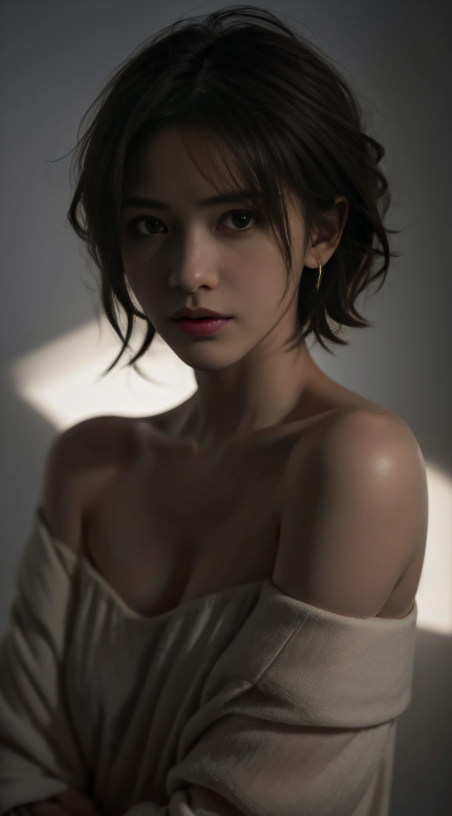 Best quality, masterpiece, Ultra high resolution, (realistic: 1.5), original photo, 1 girl, shoulder, in the dark, deep shadow, overhead with photographic lighting, understated, cool light, sexy look, short hair