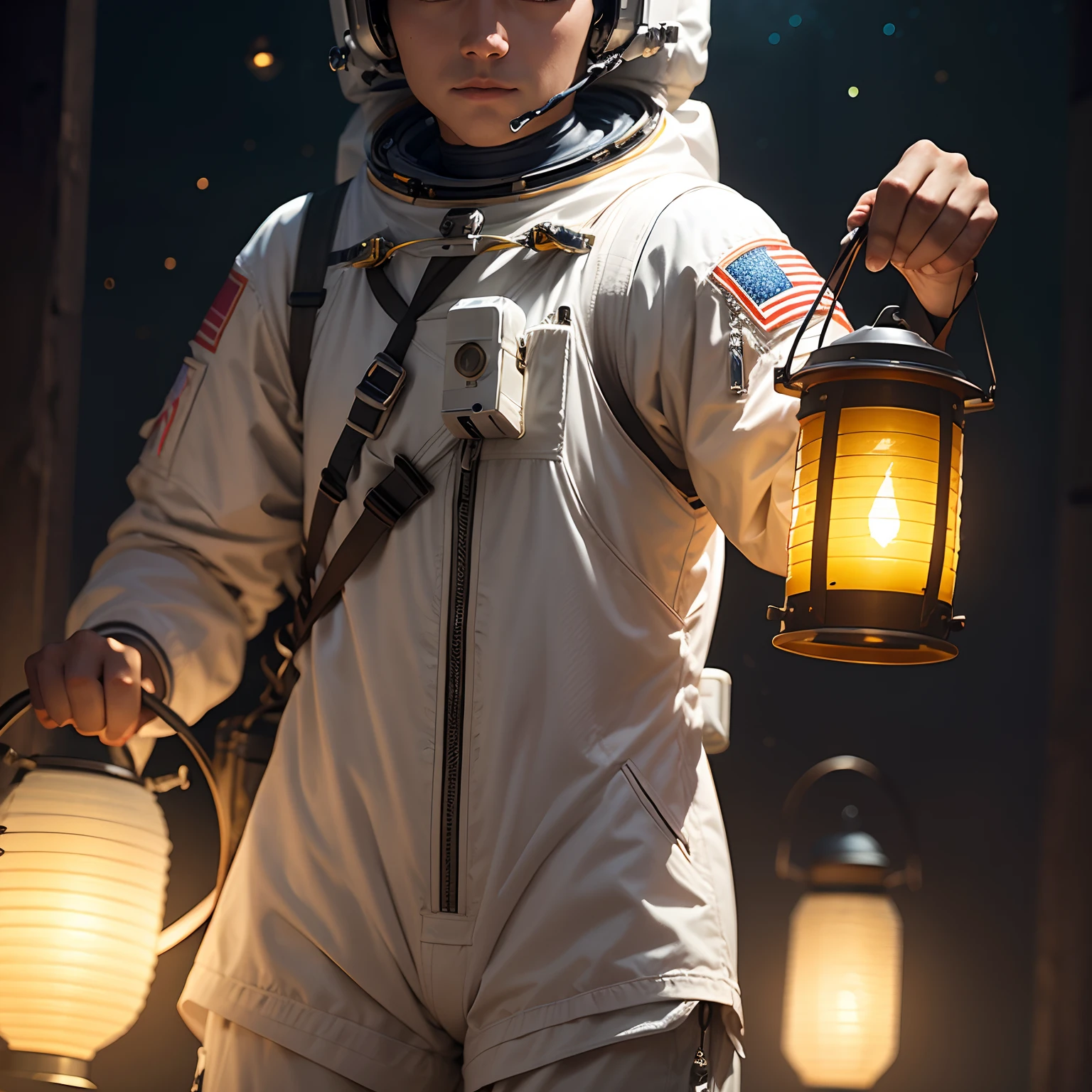 An astronaut carrying a lantern in his right hand with realistic effect