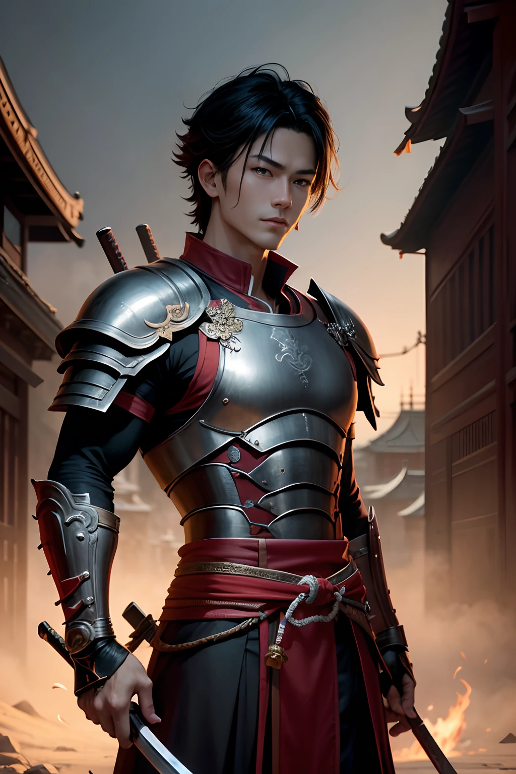 8K,Photorealsitic Raw photography top-quality;1.4) (1 boy samurai) Super handsome use (Lifelike face) Shonen Demon Slayer Black and red exterior Black and red trousers Golden decoration Beautiful expression 超A high resolution A smile accurate detail real looking skin Equip a sword at the waist With sword and armor in a city setting by Yang J, Handsome Boy in Demon Slayer Art, G Liulian art style, chengwei pan on artstation, yangjun chen, Zhao Yun, Inspired by Zhang Senyao, by Leng Mei, by Victor Wang, xianxia hero, by Zhou Fang, by Yang Jin