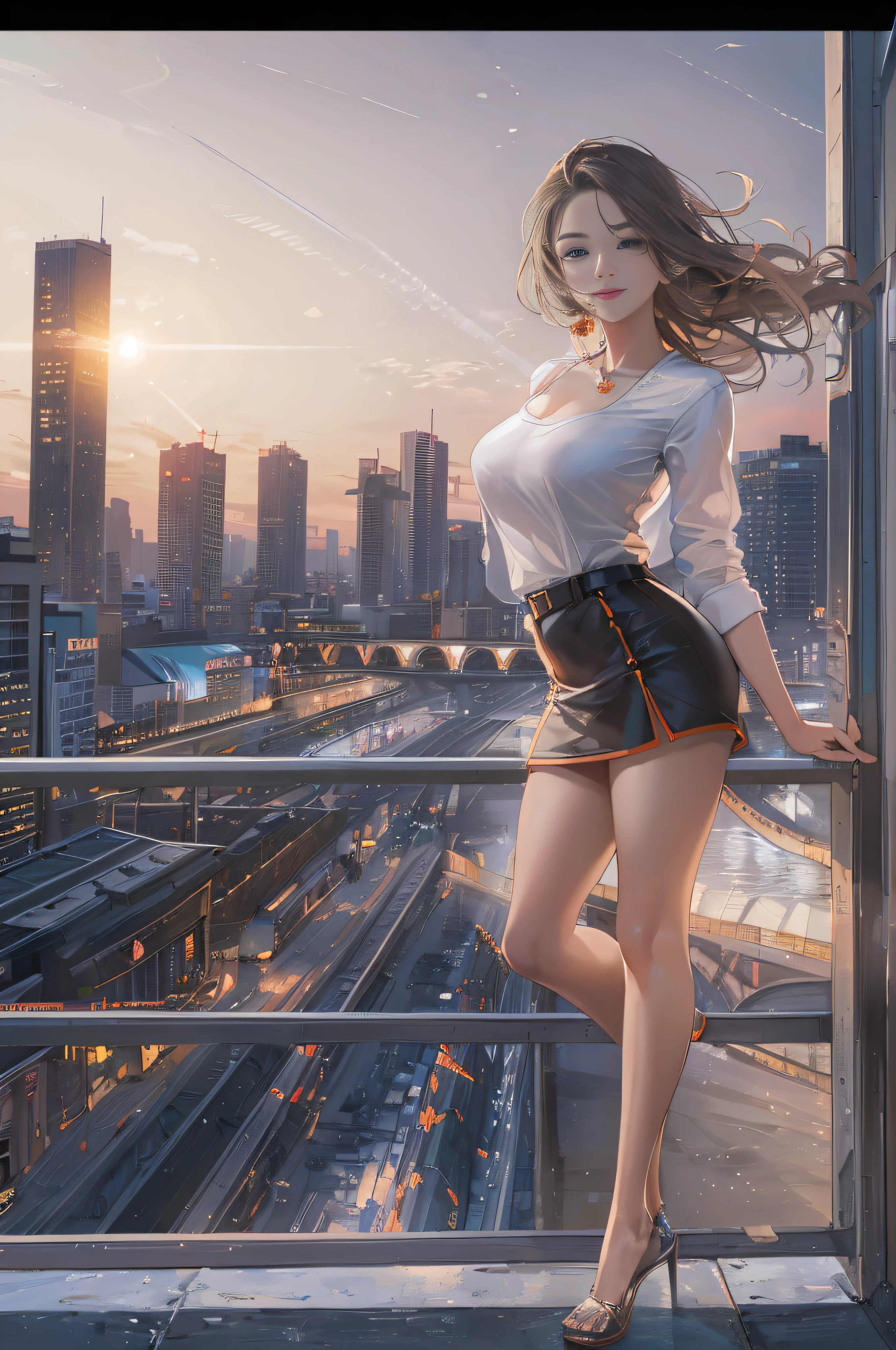 ((A beautiful and cute woman is standing on the terrace)), ((22-year-old beauty)), ((charming smile)), ((her long hair is blowing in the wind)), ((her miniskirt is It's waving in the wind)), (( You can see the cleavage of her plump bust from the blouse)), ((Gradient eyes)), ((The background is a night view of the city)), Attractive makeup, Single view, NFFSW , UHD, Retina, Masterpiece, Accurate, Anatomical, Scientifically Correct, Textured Skin, Super Detail, High Detail, High Quality, Award Winning, Top Quality, High Resolution, 1080P, HD, 4K, 8k, 16k
