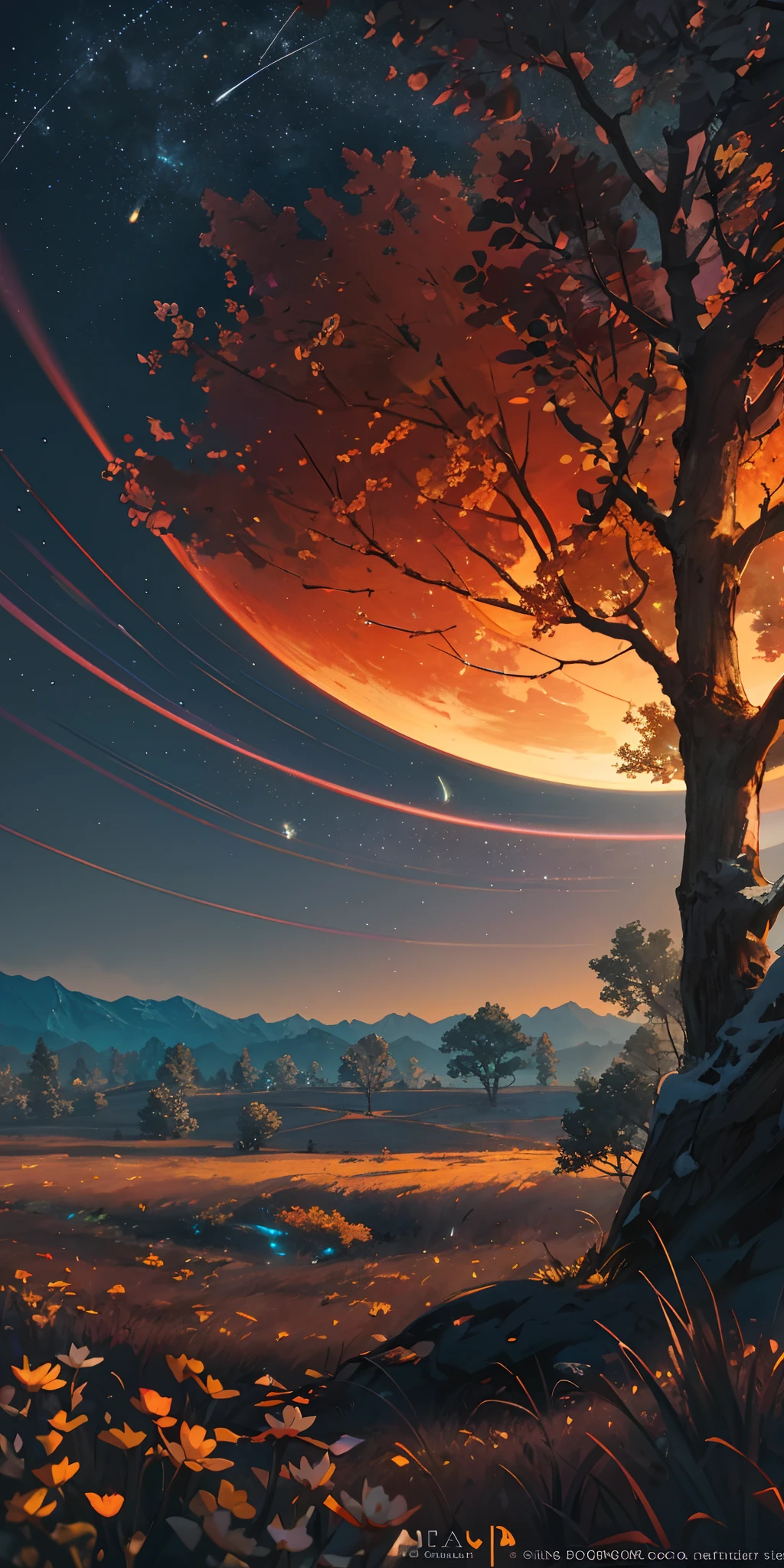 Vast landscape photo, (viewed from below, the sky is above and the open field is below), a girl standing on a flower field looking up, (full moon: 1.2), (meteor: 0.9), (nebula: 1.3), distant mountains , Trees BREAK Crafting Art, (Warm Light: 1.2), (Fireflies: 1.2), Lights, Lots of Purple and Orange, Intricate Details, Volumetric Lighting, Realism BREAK (Masterpiece: 1.2), (Best Quality), 4k, Ultra-Detailed, (Dynamic Composition: 1.4), Very Detailed, Colorful Details, (Rainbow Colors: 1.2), (Glow Lighting, Atmospheric Lighting), Dreamy, Magical, (Solo: 1.2)