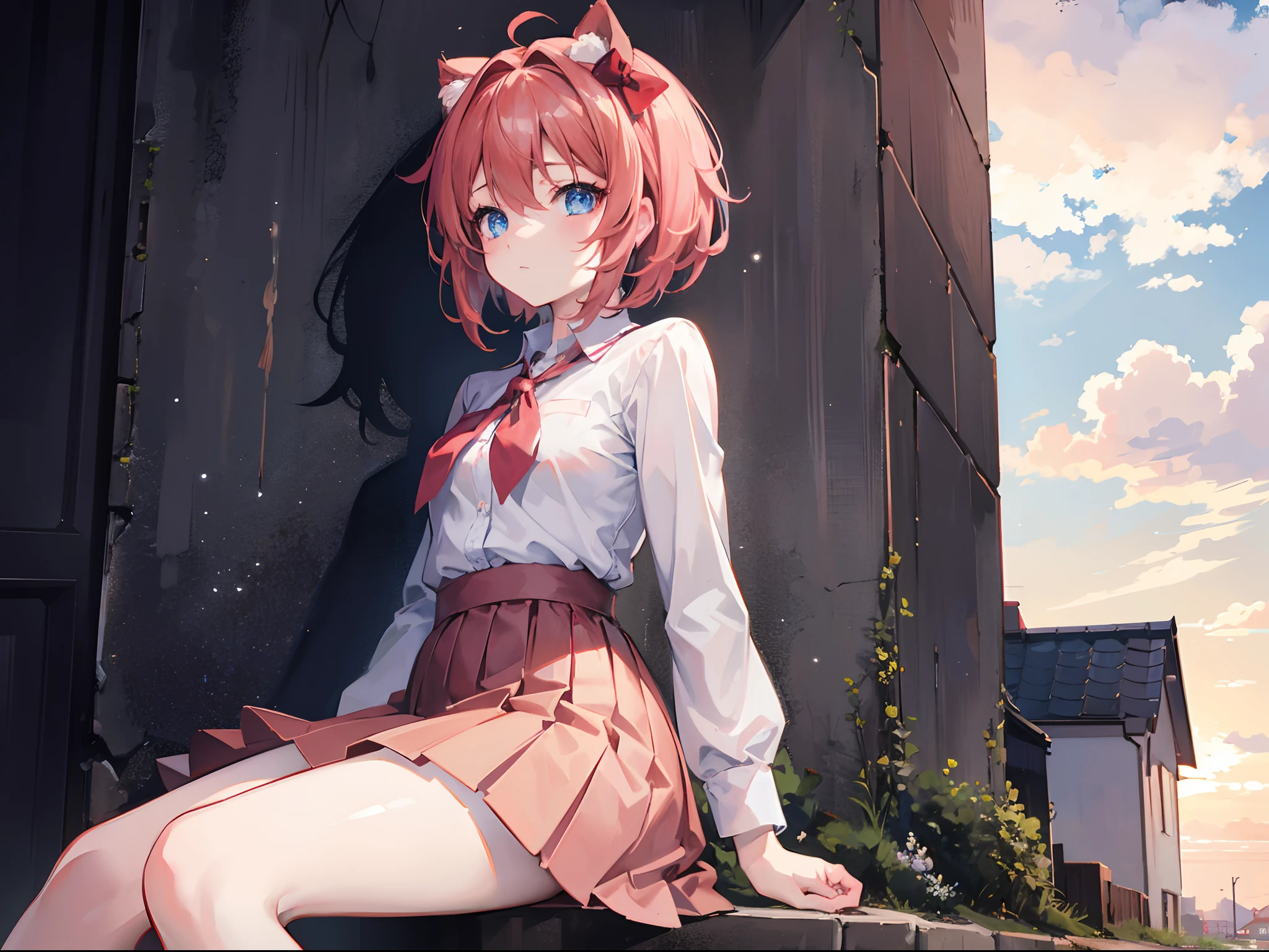 1girl(sayori), with blue eyes and a red bow sitting on the ground, sayori, doki doki literature club, cute anime girl, sitting on a wall, viewed from a slightly low angle and seen from the front. She is gazing up at the sky during sunset. The image should show not only the girl but also a bit of her surroundings, including the wall she's sitting on, artsation, sunset, beauty lighting, incredibly detailed, face full detailed, full detailed, incredible lightning, absurdres, high res, ultrasharp, 8K, masterpiece, looking at viewer