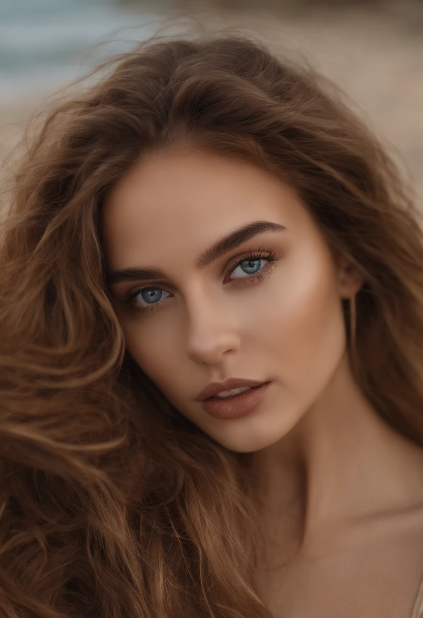 Arafed woman completely , fille sexy aux yeux bleus, ultra realist, Meticulously detailed, Portrait Sophie Mudd, cheveux blonds et grands yeux, selfie of a young woman, Yeux de chambre, Violet Myers, sans maquillage, maquillage naturel, looking straight at camera, Visage avec Artgram, Maquillage subtil, Superbe photo du corps entier,Medium to large bust, sitting at the beach, a new york
