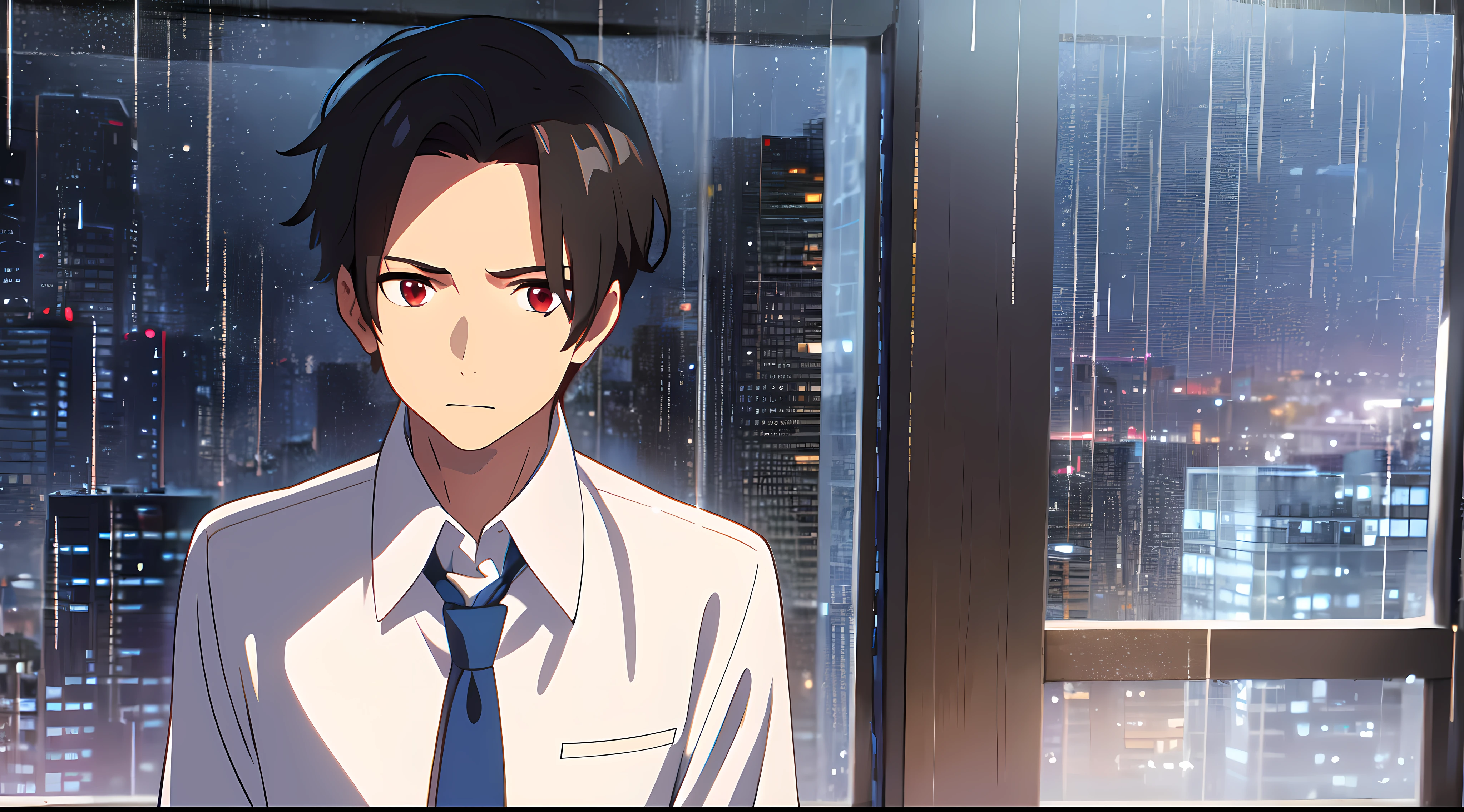 masterpiece, best quality, 1Boy, solo, short black swept to the right, forehead, red eyes, sky, rain, transparent white shirt, blue necktie, close up, look at viewer, city