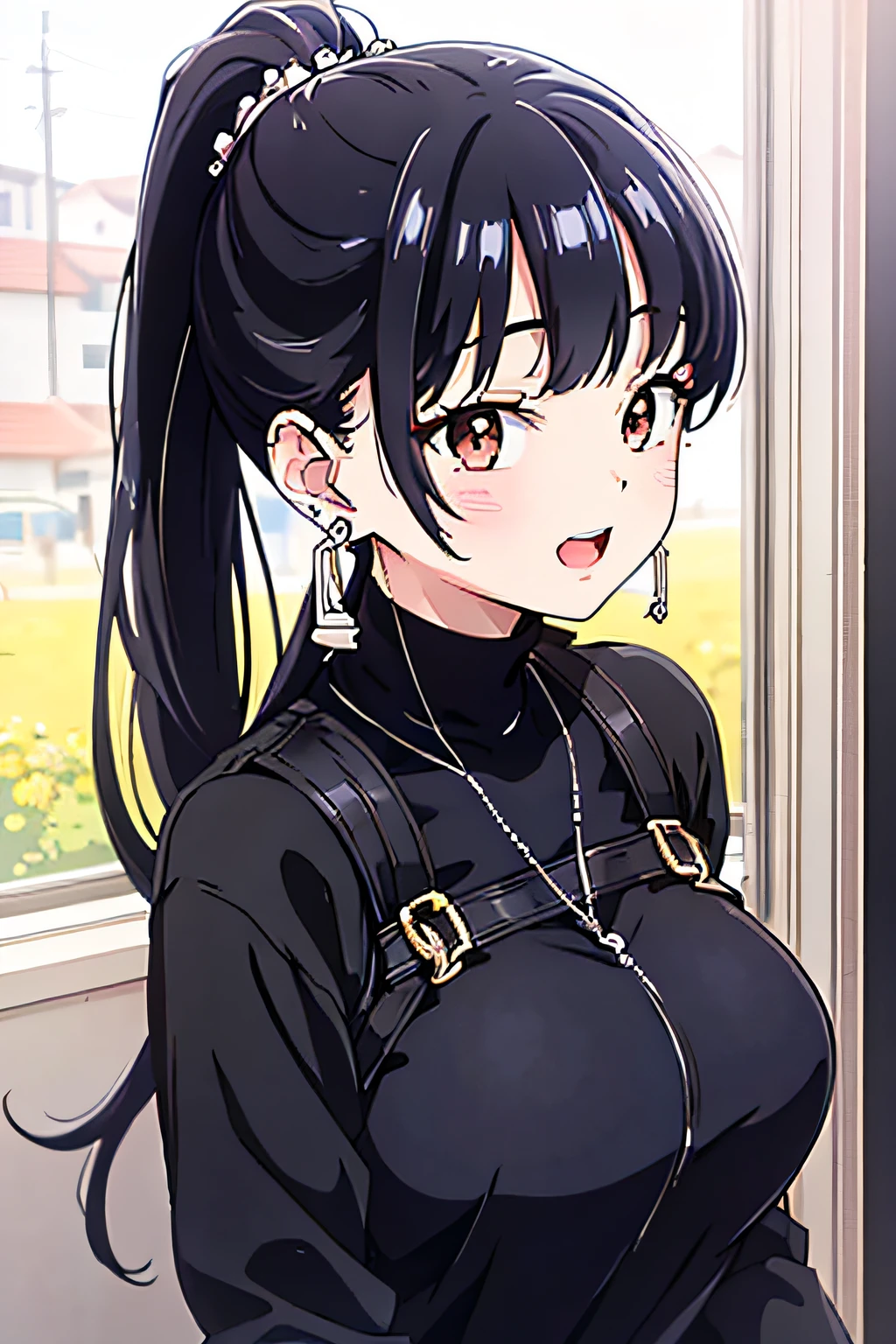 1girl
:d
bangs
black_hair
brown_eyes
crescent_earrings
cross_earrings
earrings
flower_earrings
heart_earrings
hoop_earrings
jewelry
long_hair
looking_at_viewer
open_mouth
piercing
ponytail
smile
solo
stud_earrings
rating:safe