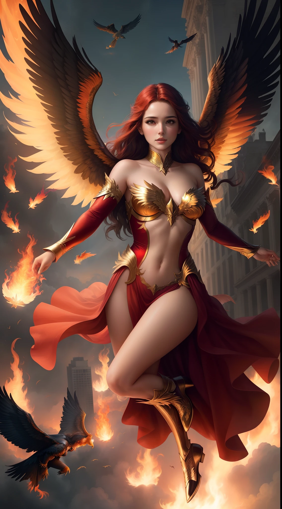 Poster of Fallen Angels , Woman falling from the sky with her wings on fire, Woman flying through the air with firebird wings on her back, WomanPhoenix rising from the ashes, Arte de uma mulher de Phoenix