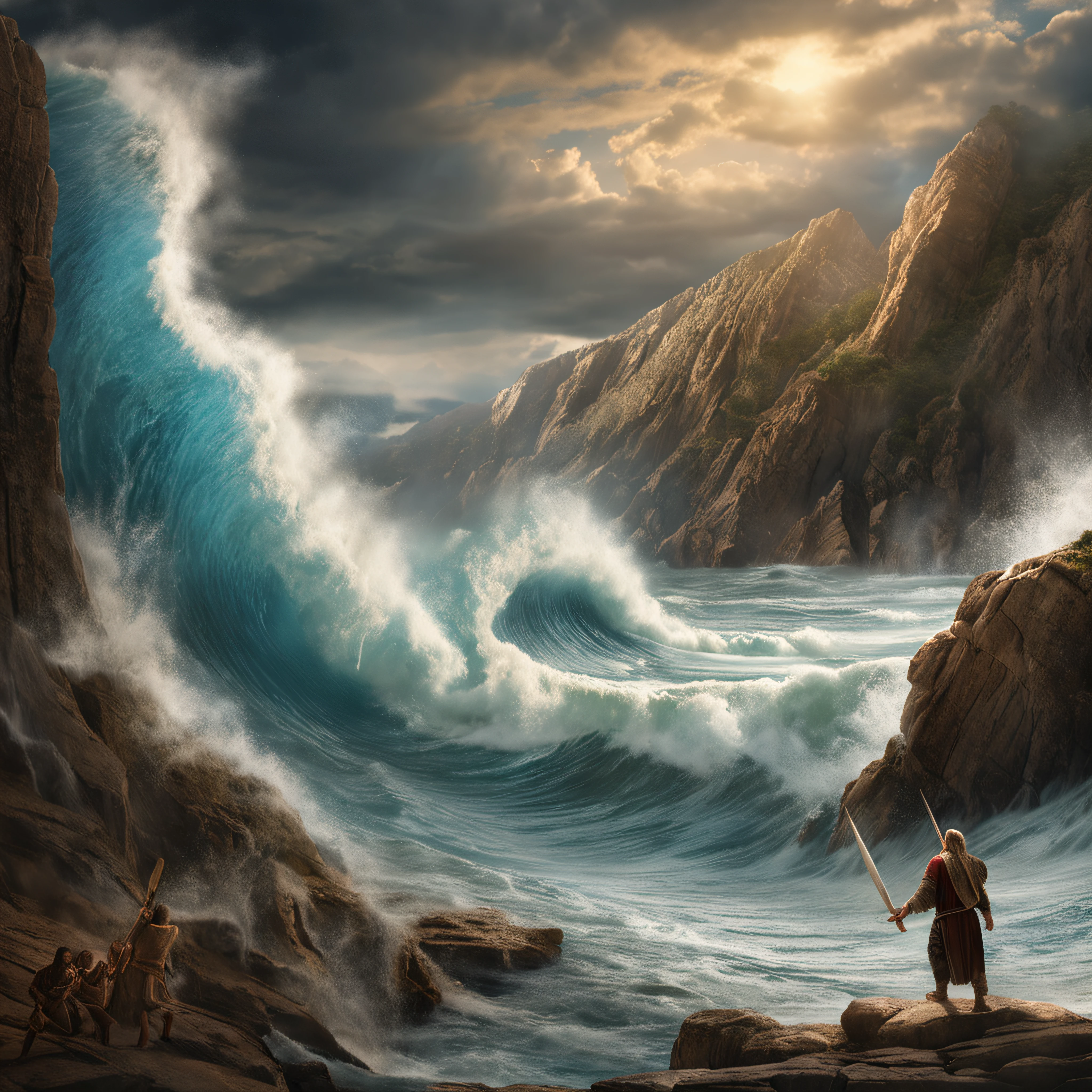 Craft a photorealistic scene portraying the biblical account of Noah parting the sea using a staff. Depict Noah standing at the water's edge, holding a staff high above his head, as towering waves split apart on either side of him. Capture the immense scale and power of the water as it forms a dramatic corridor, showcasing the forceful separation of the sea. Utilize lighting to emphasize the divine nature of the moment, with rays of light breaking through the clouds and casting an ethereal glow. Convey the sense of awe and reverence that this miraculous event elicits, while highlighting Noah's pivotal role in fulfilling a divine purpose.