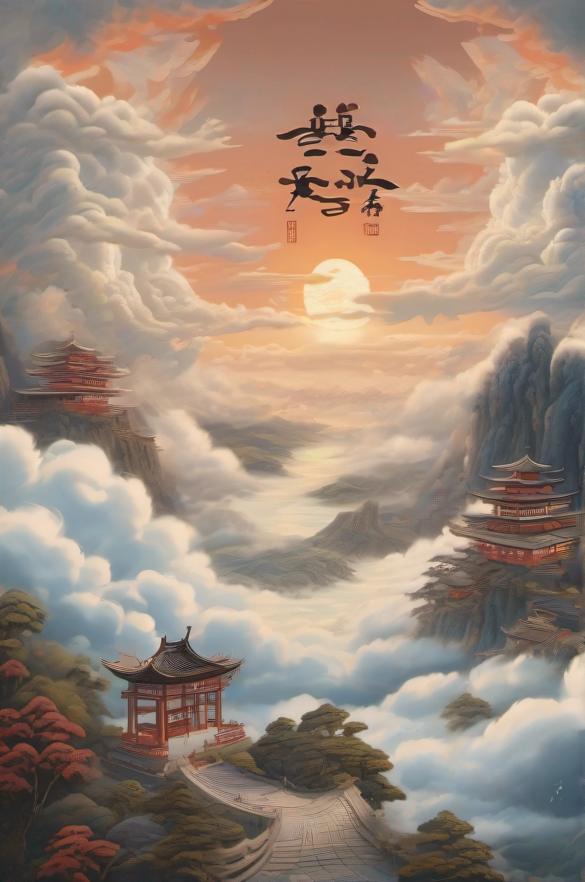 Illustration of the world of gods living in a sea of clouds. (Background, ・A dream world surrounded by a sea of clouds is spreading. ・ The cloud has softness, Fluffy texture,vibrant with colors,Shiny. ・ Above the sea of clouds, palaces and shrines where gods live are depicted. ・ The palace and shrine seem to float in a sea of clouds. ・ The Sky Palace floating above the sea of clouds. ・The shrine's torii gate stands above the sea of clouds. ), (person, ・Depicts various gods flying freely in a sea of clouds. - Each god has a unique appearance. ・ The gods spend time happily above the sea of clouds. ),