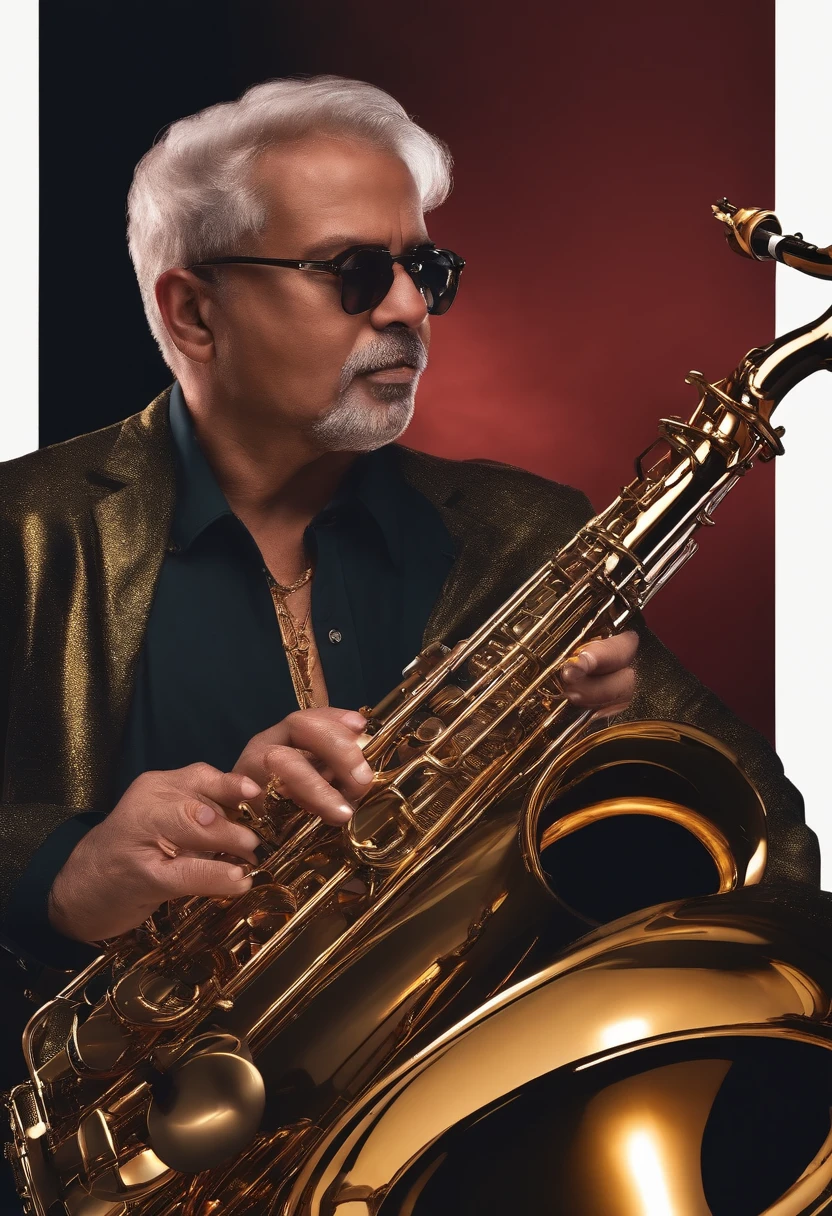 Crie para Mim um Saxofonista tocando Jazz, with special lighting, onde aparece todo o seu corpo e a imagem recortada e transparente sem fundo.