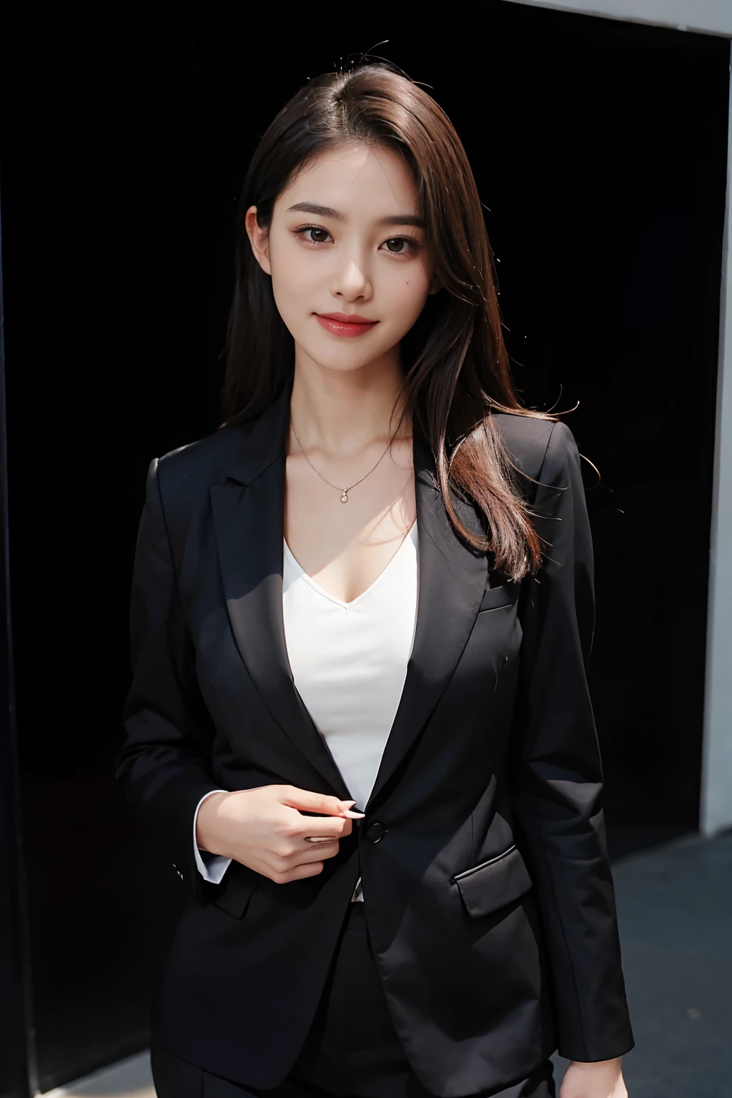 , small cleavage, two japanese, woman, beautiful face,  (black skirt suit:1.5), Hotel, highest quality, ultra high resolution, (realism: 1.4), Depth of the bounds written, beautiful face, (Pueros face_v1: 0.8), half body,innocent smile, natural makeup,