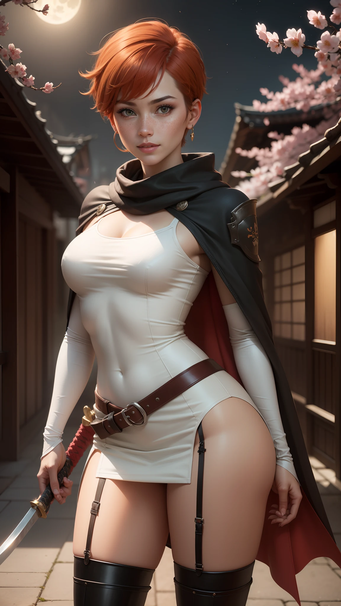 gwen tennyson,tracer,yorha 2b,rebecca chambers,samurai outfit,japan,steel armor,ager,green eyes,garter belt, thigh high boots,short hair,orange hair,moonlight,cherry blossom,shy smile,white striped top,bodycon skirt, kimono,freckles,redhead,beautiful girl,large breasts,ultra detailed,realistic, ninja scarf,short ninja cape,holding a katana,small earrings,