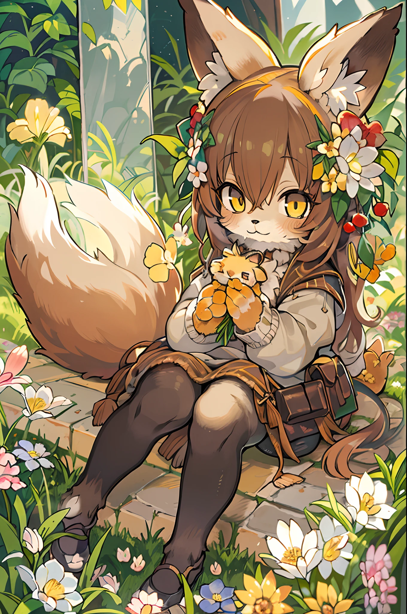 Fox, (Monster Girl), long brown ears with a dark brown inside,,, brown fur, Sunburned neck fluff, brown fluffy tail with a yellow-brown tip,,, Big brown eyes, wearing modest clothing, Sitting in the flower garden, masutepiece, Best Quality、Nanachi、Chibi