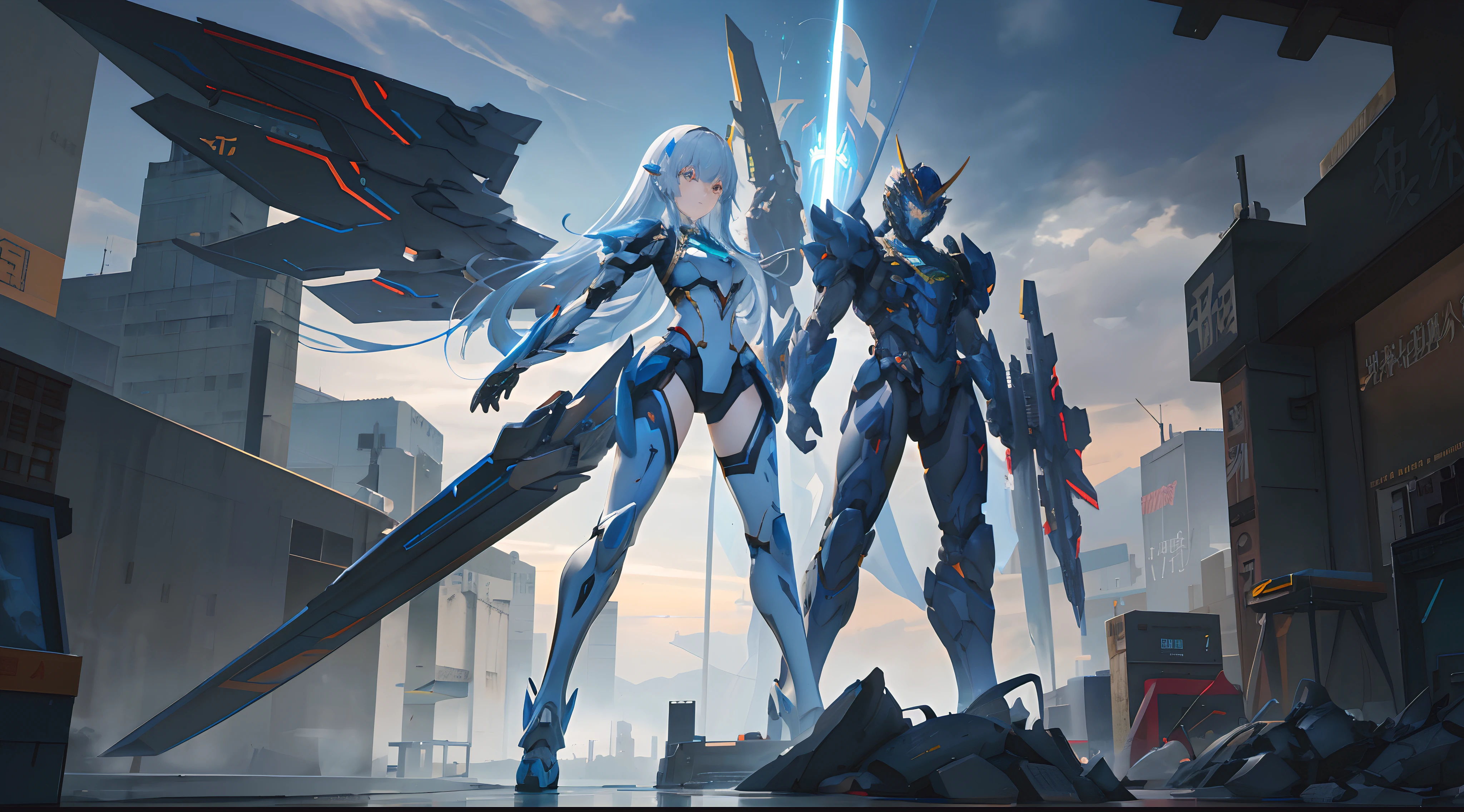 Several people stood side by side in front of a building, cgsociety and fenghua zhong, Mecha wings, devianart and cgsociety, [ trending on CGSociety ]!!, author：Jeremy Chang, ethereal and mecha theme, girl in mecha cyber armor, 2. 5 D CGI anime fantasy artwork, high definition cgsociety --auto