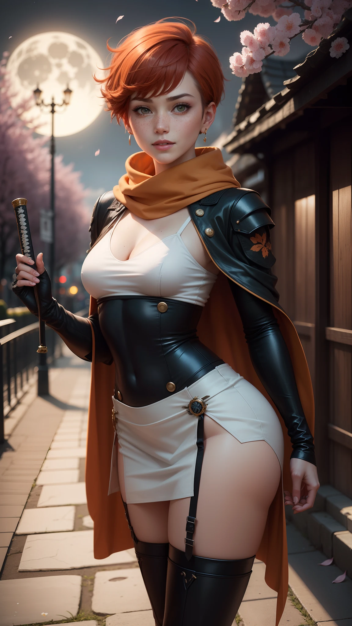 gwen tennyson,tracer,yorha 2b,rebecca chambers,samurai outfit,japan,steel armor,teenager,green eyes,garter belt, thigh high boots,short hair,orange hair,moonlight,cherry blossom,shy smile,white striped top,bodycon skirt, kimono,freckles,redhead,beautiful girl,large breasts,ultra detailed,realistic, ninja scarf,short ninja cape,holding a spear,small earrings,lotus flower river,