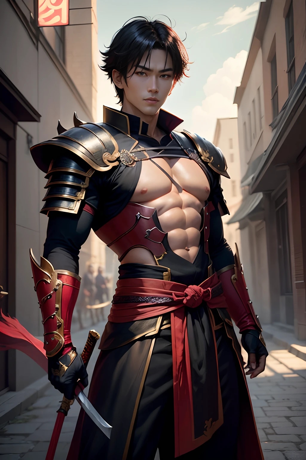 8K,Photorealsitic　Raw photography　top-quality;1.4) 　(1 boy samurai)　Super handsome boy　(Lifelike face)　Shonen Demon Slayer　Short bob with black hair　Black and red exterior　Black and red trousers　Golden decoration　Beautiful expression　超A high resolution　A smile　accurate detail　real looking skin　Equip a sword at the waist　With sword and armor in a city setting by Yang J, Handsome Boy in Demon Slayer Art, G Liulian art style, chengwei pan on artstation, yangjun chen, Zhao Yun, Inspired by Zhang Senyao, by Leng Mei, by Victor Wang, xianxia hero, by Zhou Fang, by Yang Jin